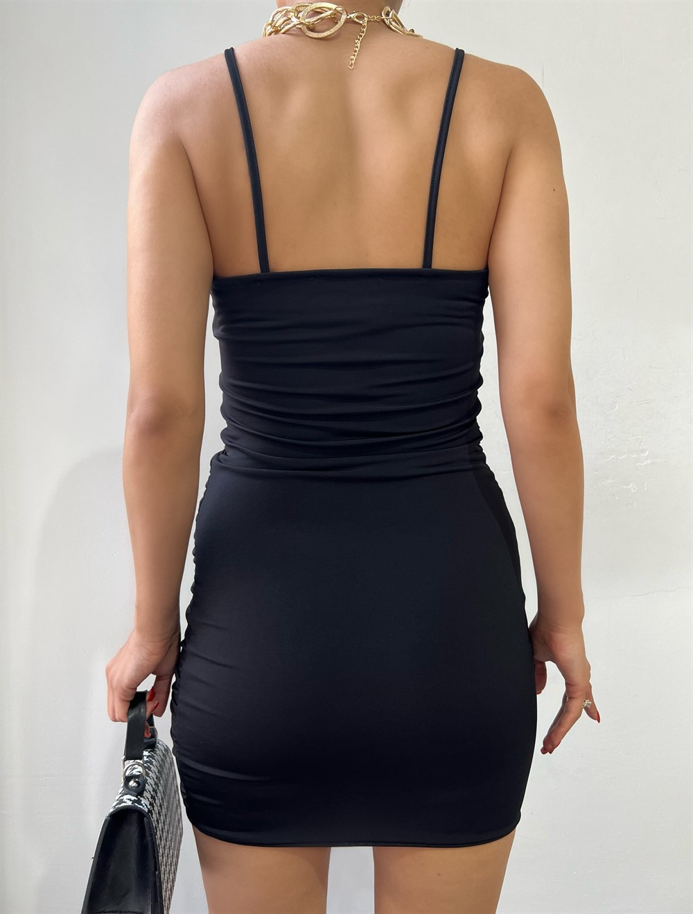 Askılı Drape Detaylı Mini Elbise SİYAH