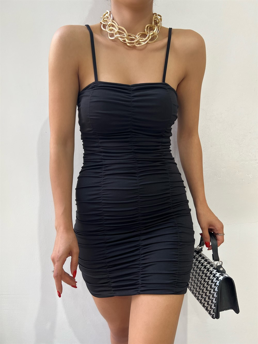 Askılı Drape Detaylı Mini Elbise SİYAH