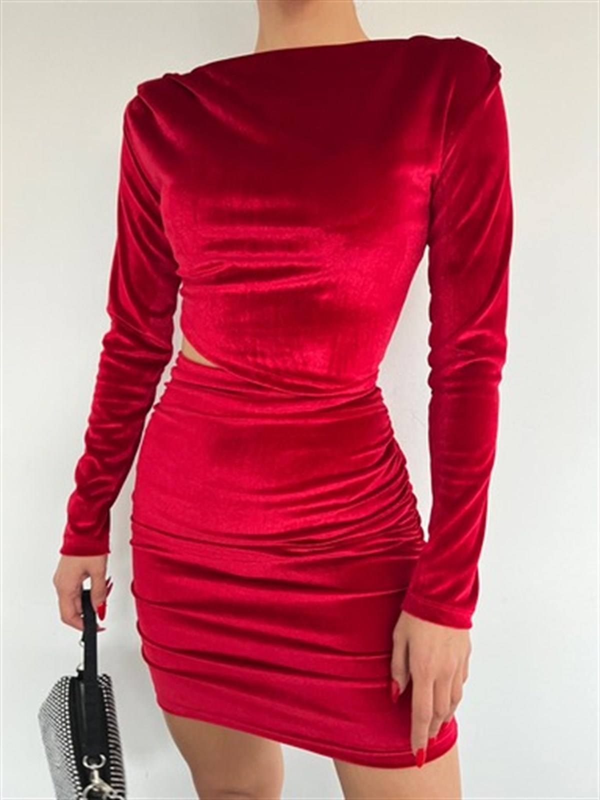 Bel Dekolte Kadife Mini Elbise 2932 BORDO