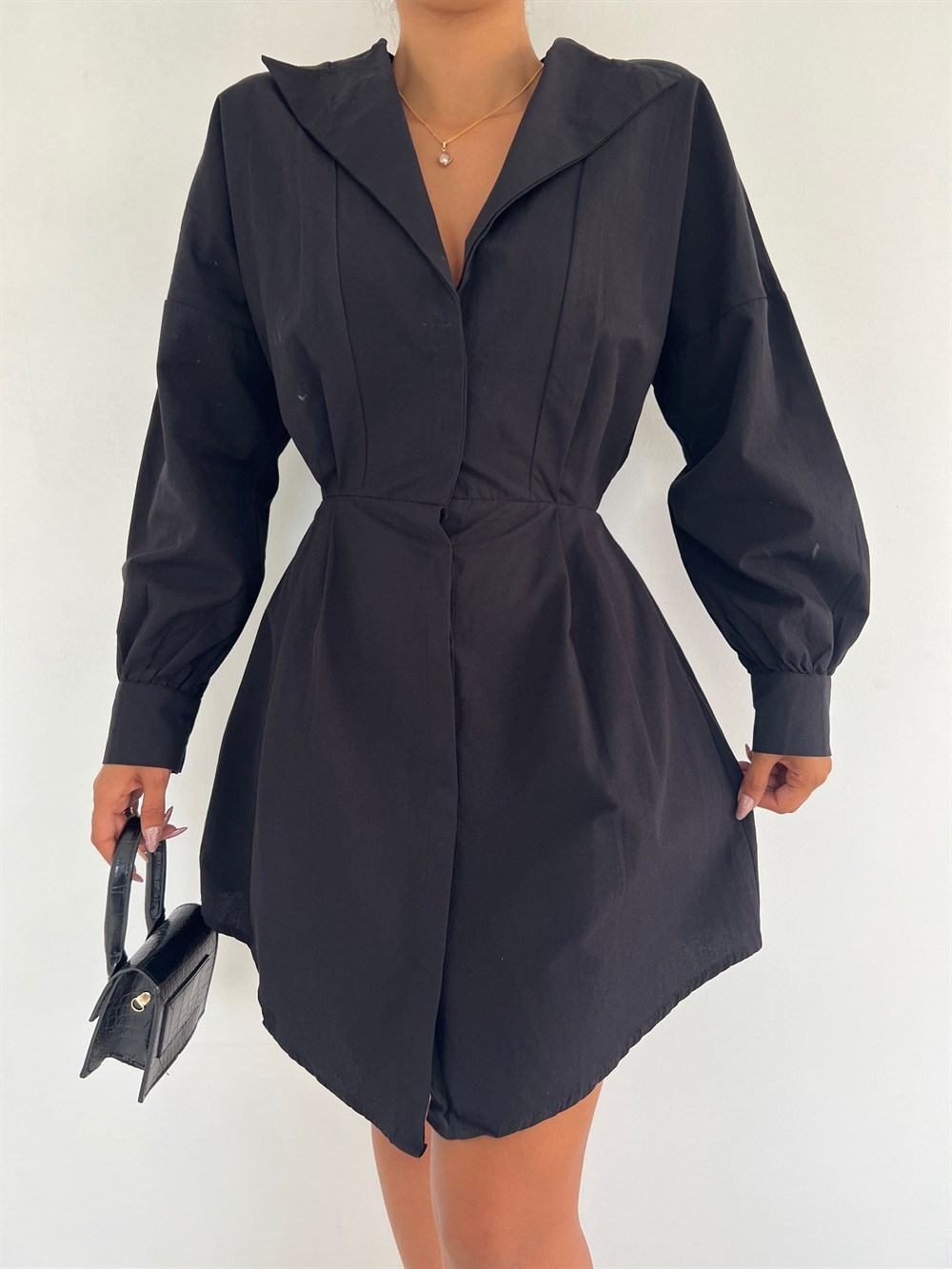 Beli Lastik Detaylı Gömlek Elbise