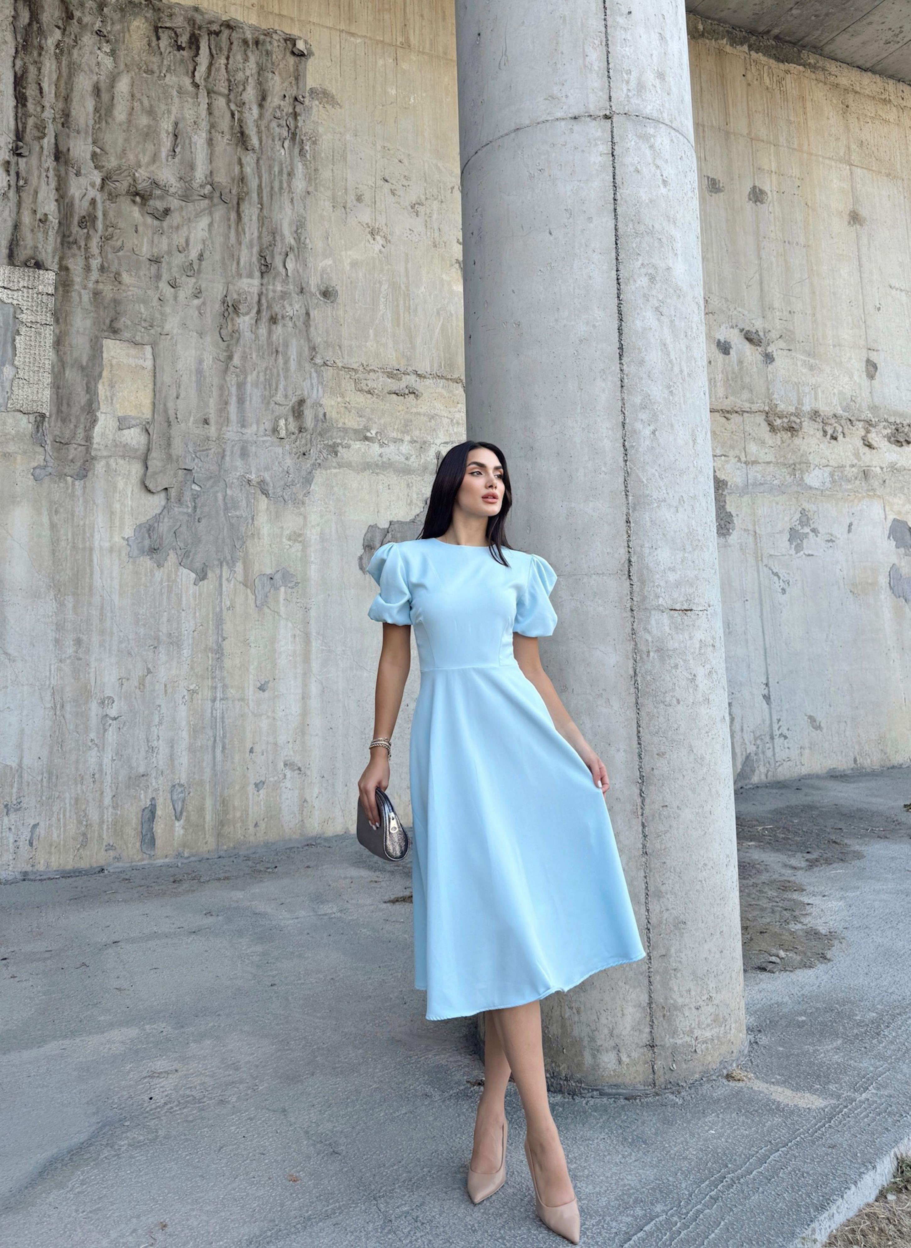 Berra Karpuz Kol Midi Elbise 2249 BEBE MAVİ