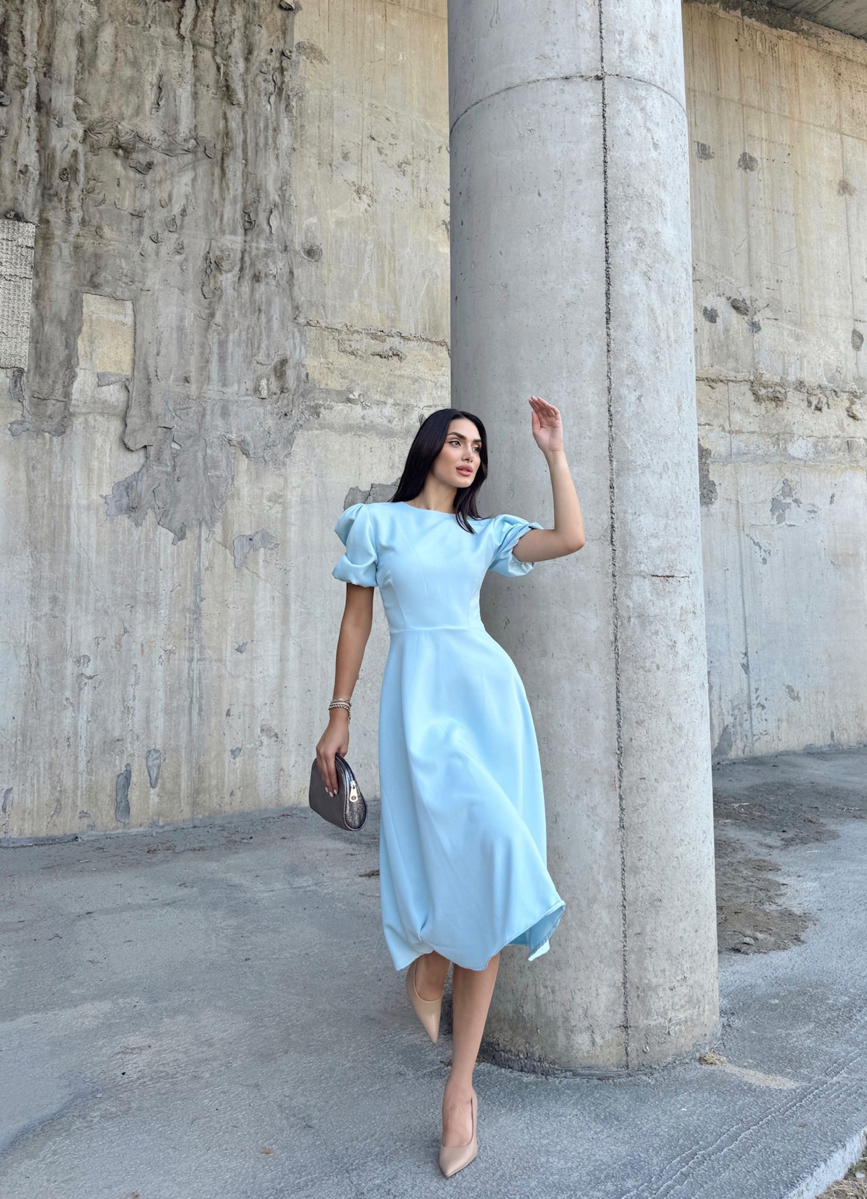 Berra Karpuz Kol Midi Elbise 2249 BEBE MAVİ