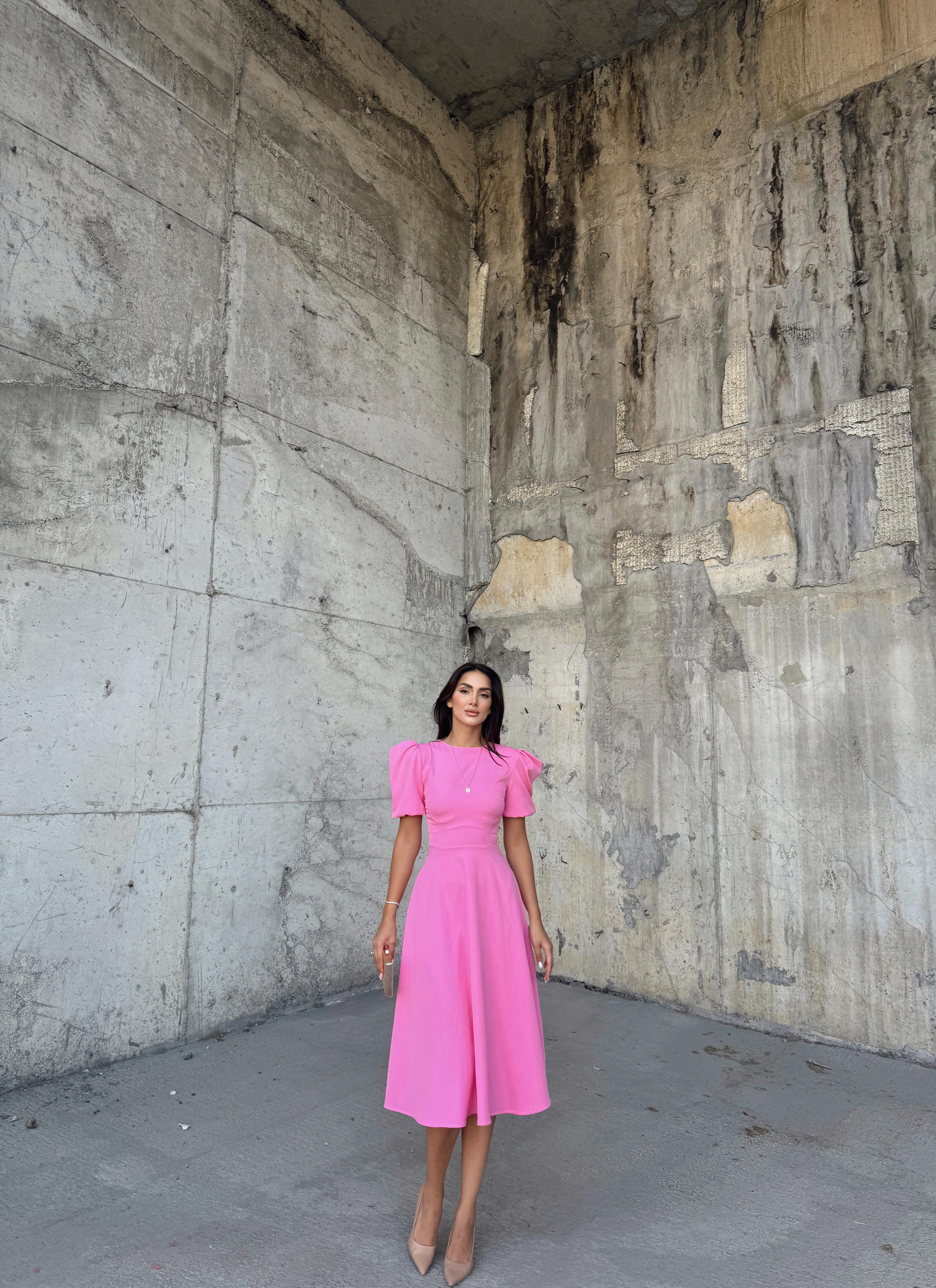 Berra Karpuz Kol Midi Elbise 2249 PEMBE