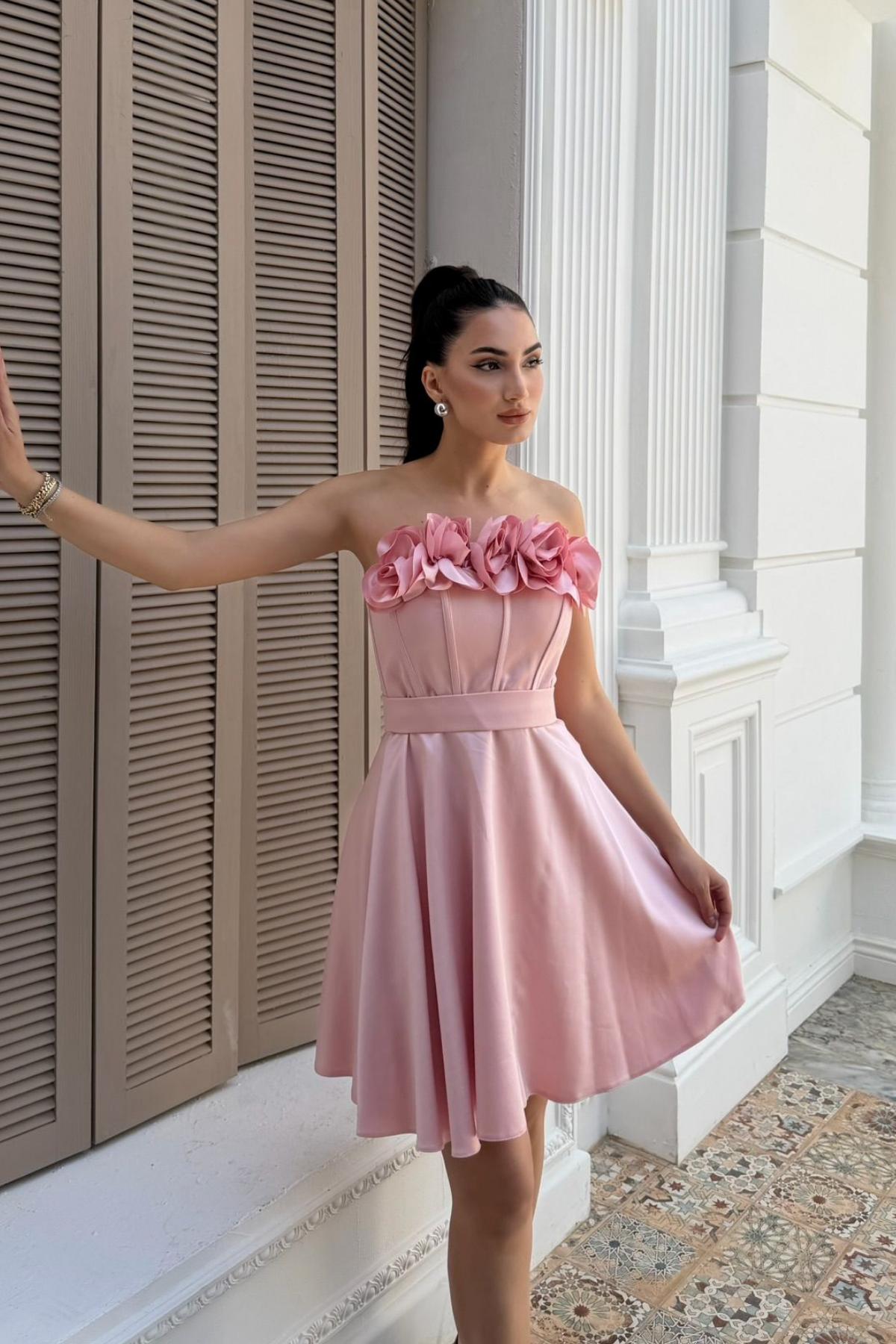 Blanca Straplez Gül Detay Mini Elbise 1101