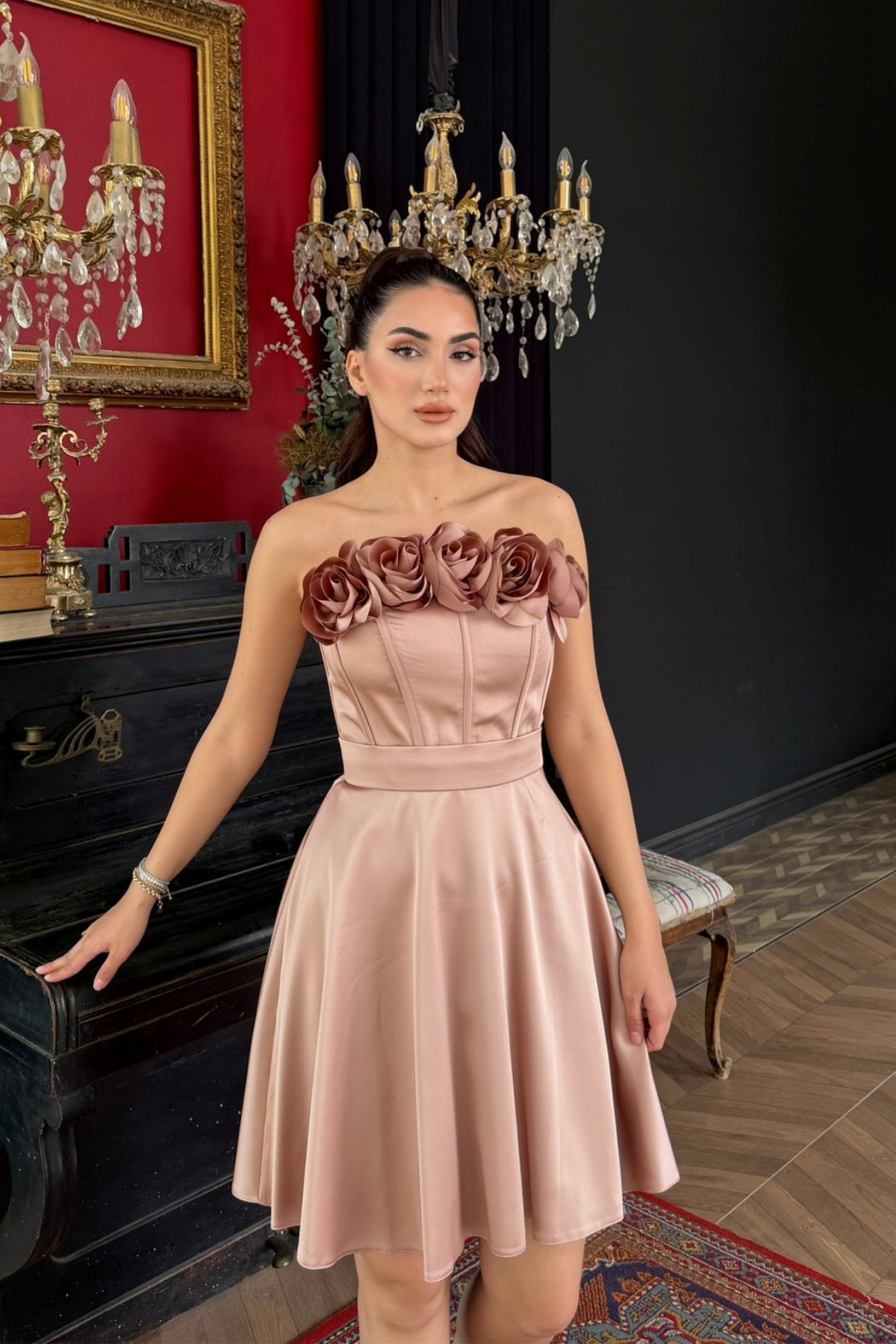 Blanca Straplez Gül Detay Mini Elbise 1101