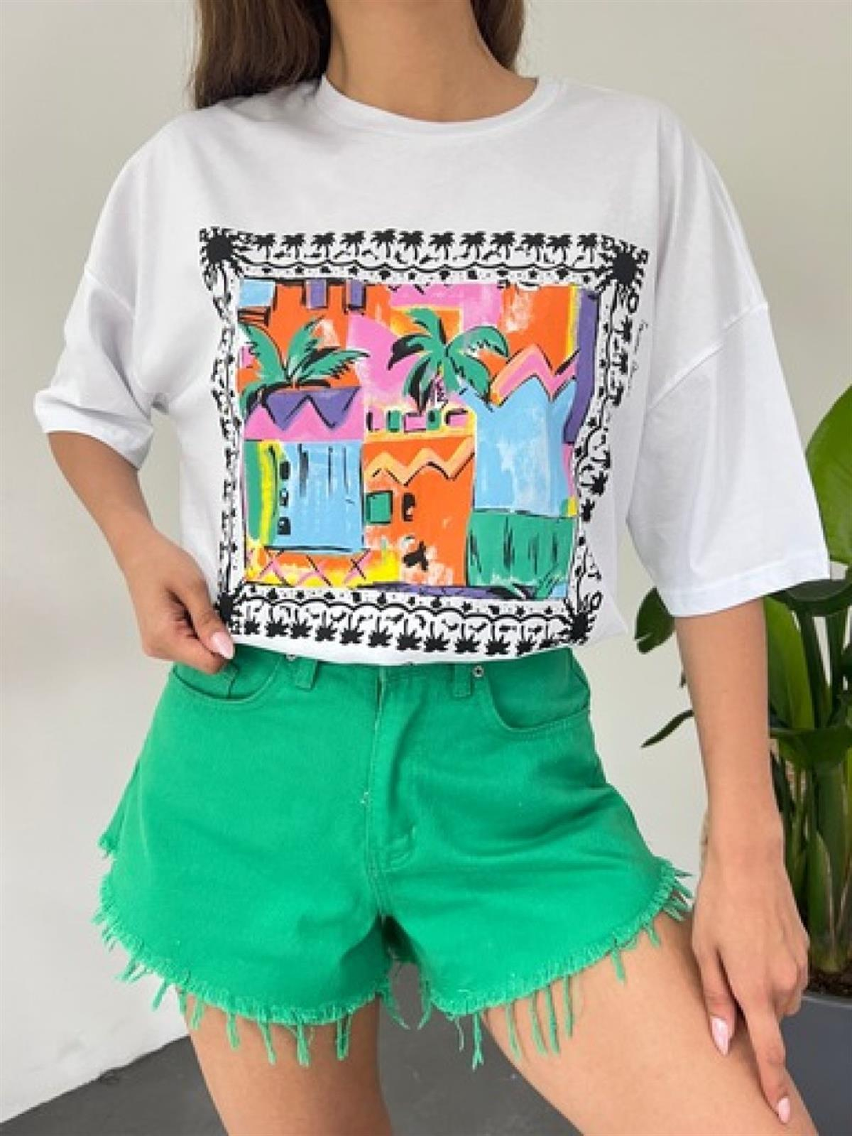 Boyama Baskılı Tshirt 80647 BEYAZ