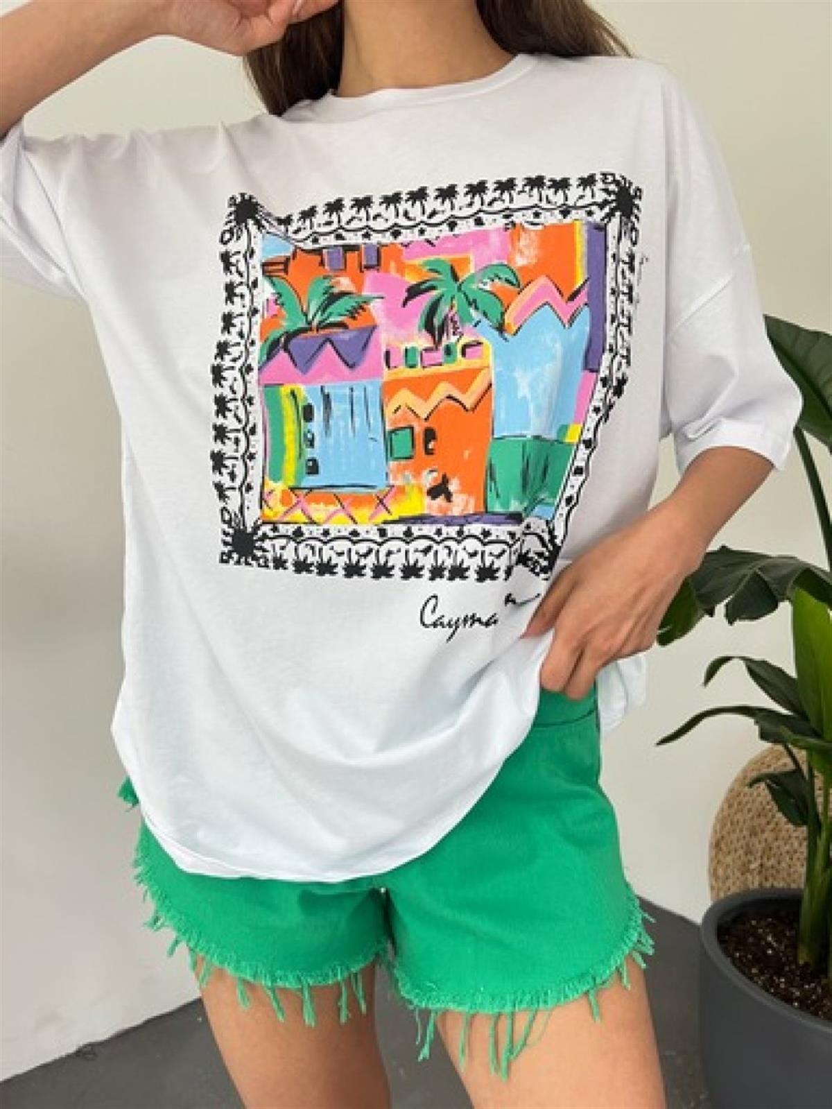 Boyama Baskılı Tshirt 80647 BEYAZ