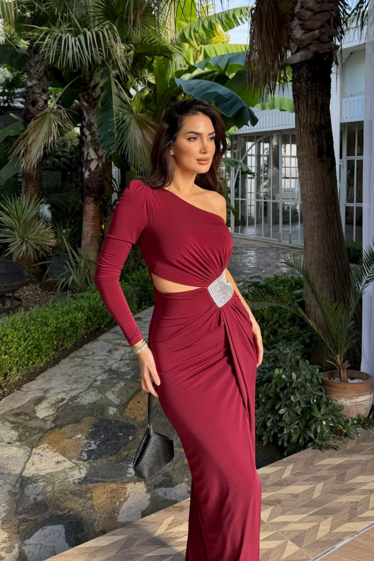 Burçin Tek Kol Bel Dekolteli Abiye 583372 BORDO