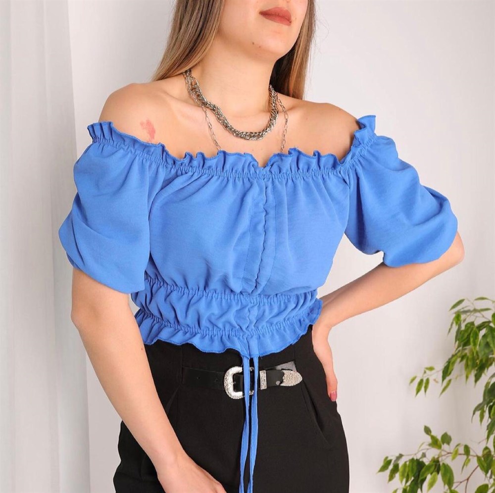 Büzgü Detay Lastikli Crop MAVİ