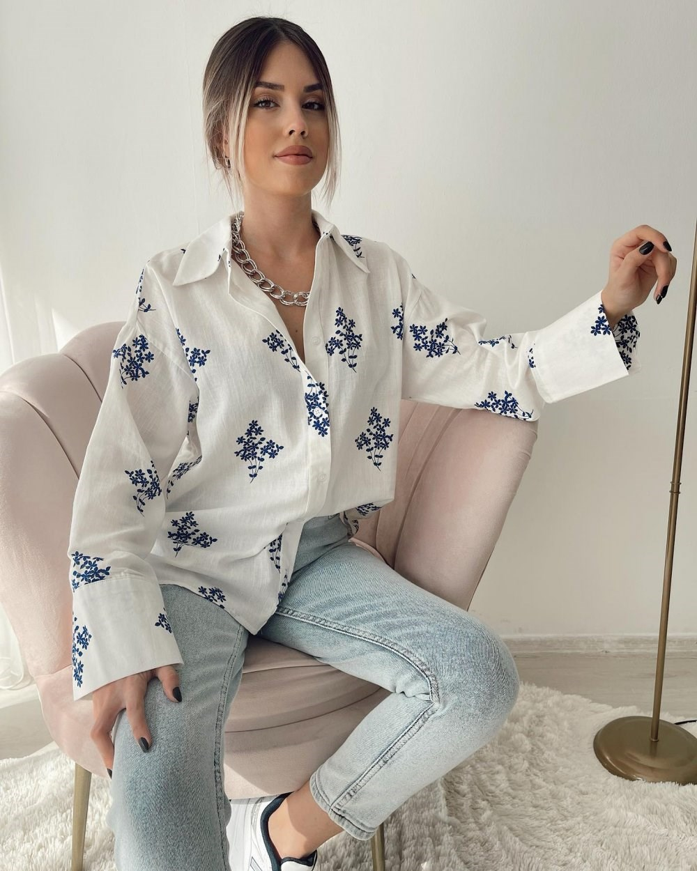 Çiçek Baskı Gömlek -4516 MAVİ