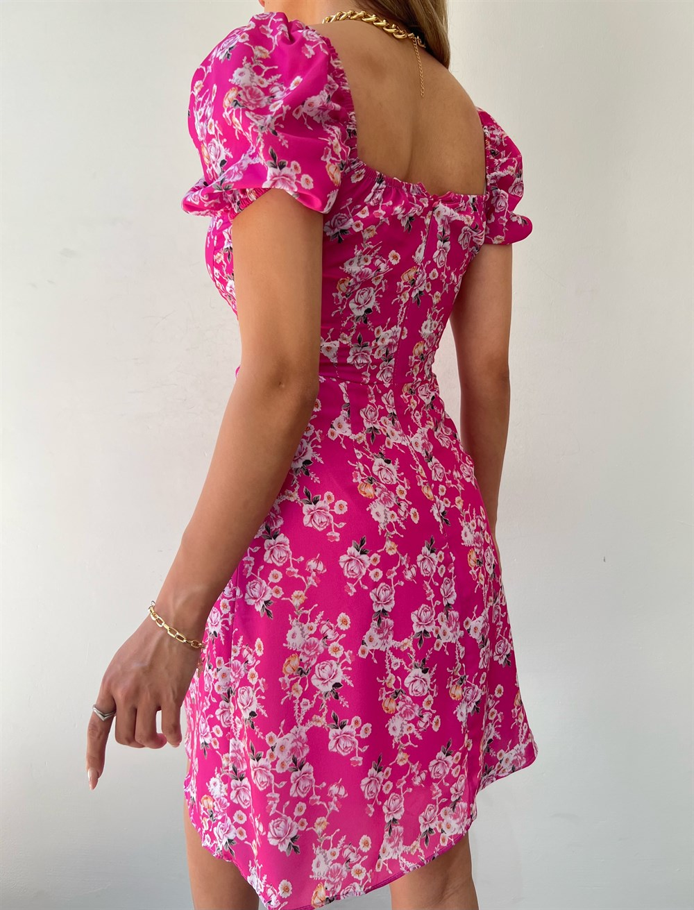 Çiçek Desenli Kısa Elbise 9493 PEMBE