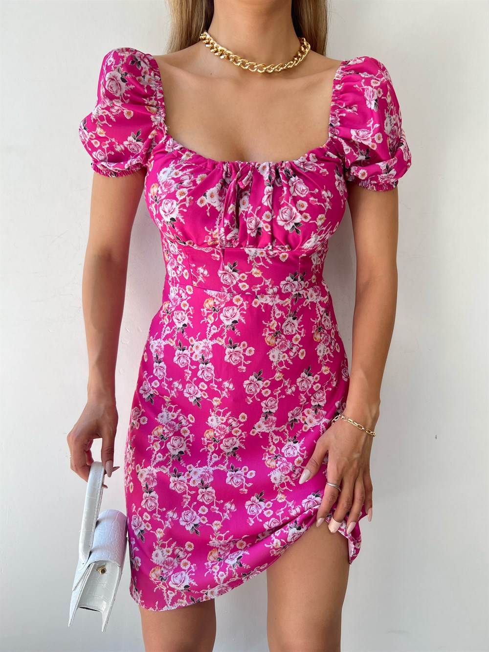 Çiçek Desenli Kısa Elbise 9493 PEMBE