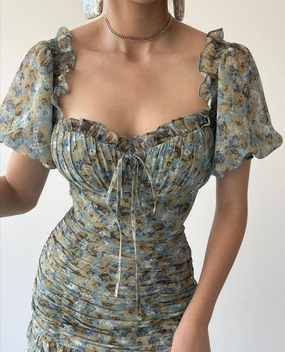 Çiçekli Drapeli Şifon Elbise 8010