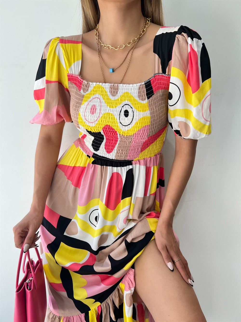 Desenli Gipeli Karpuz Kol Elbise 6703 PEMBE