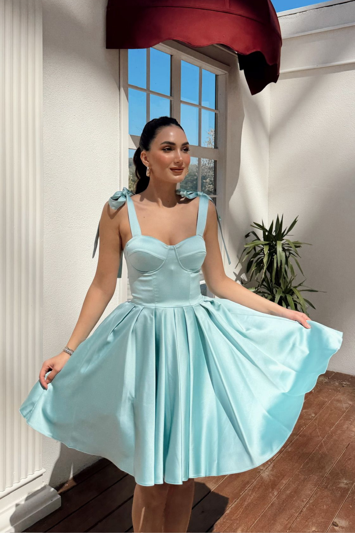 Elçin Balon Etek Askı Kurdele Mini  Elbise 1004