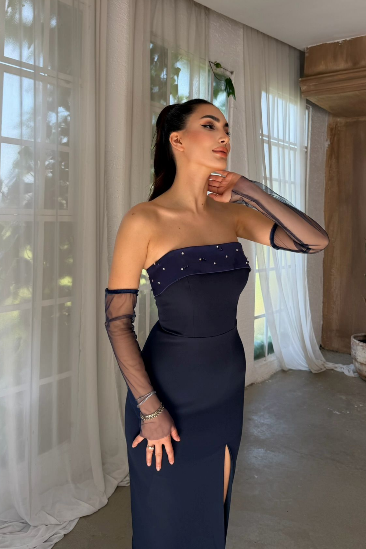 Esin Straplez Kolları Tül Midi Elbise 1079