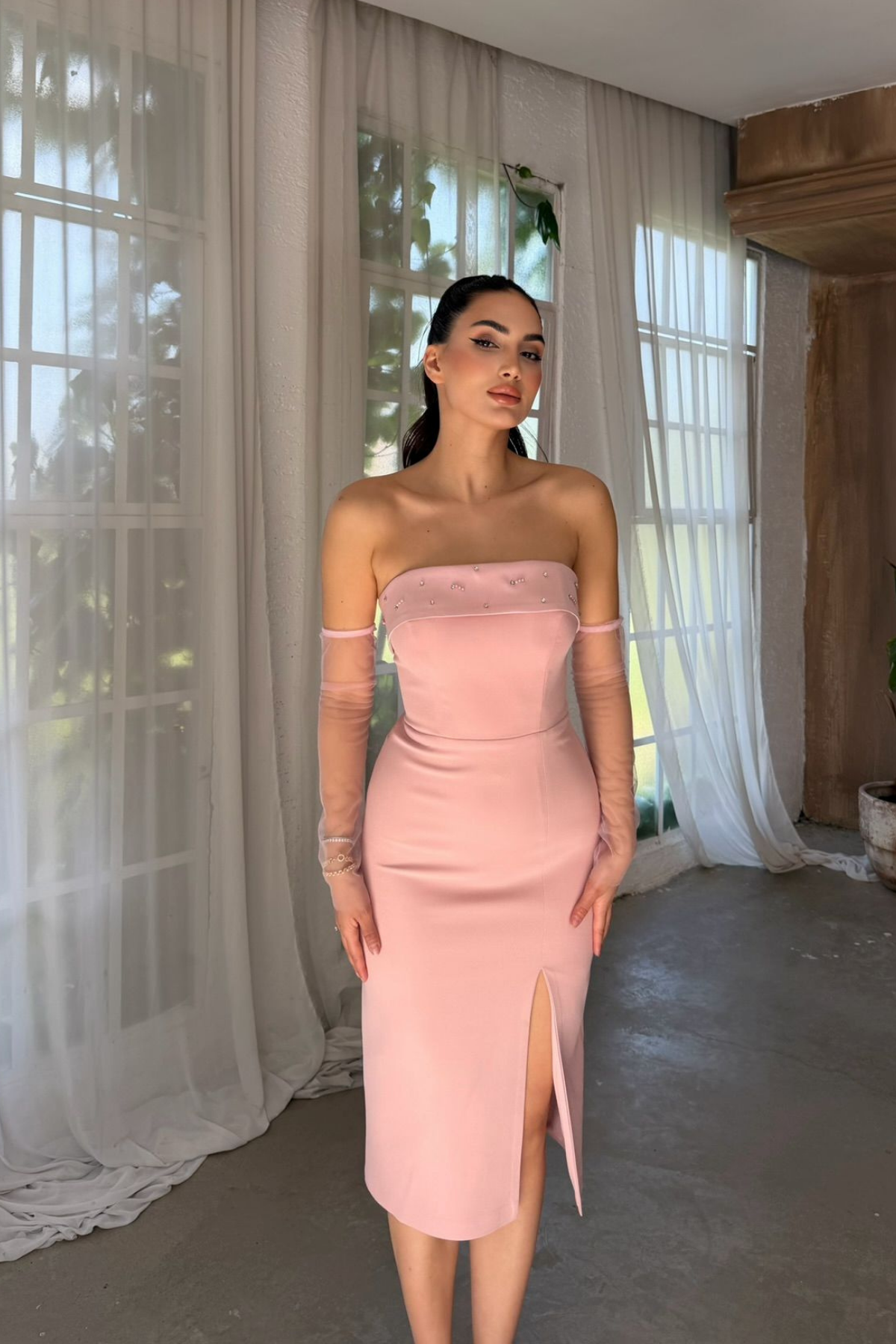 Esin Straplez Kolları Tül Midi Elbise 1079
