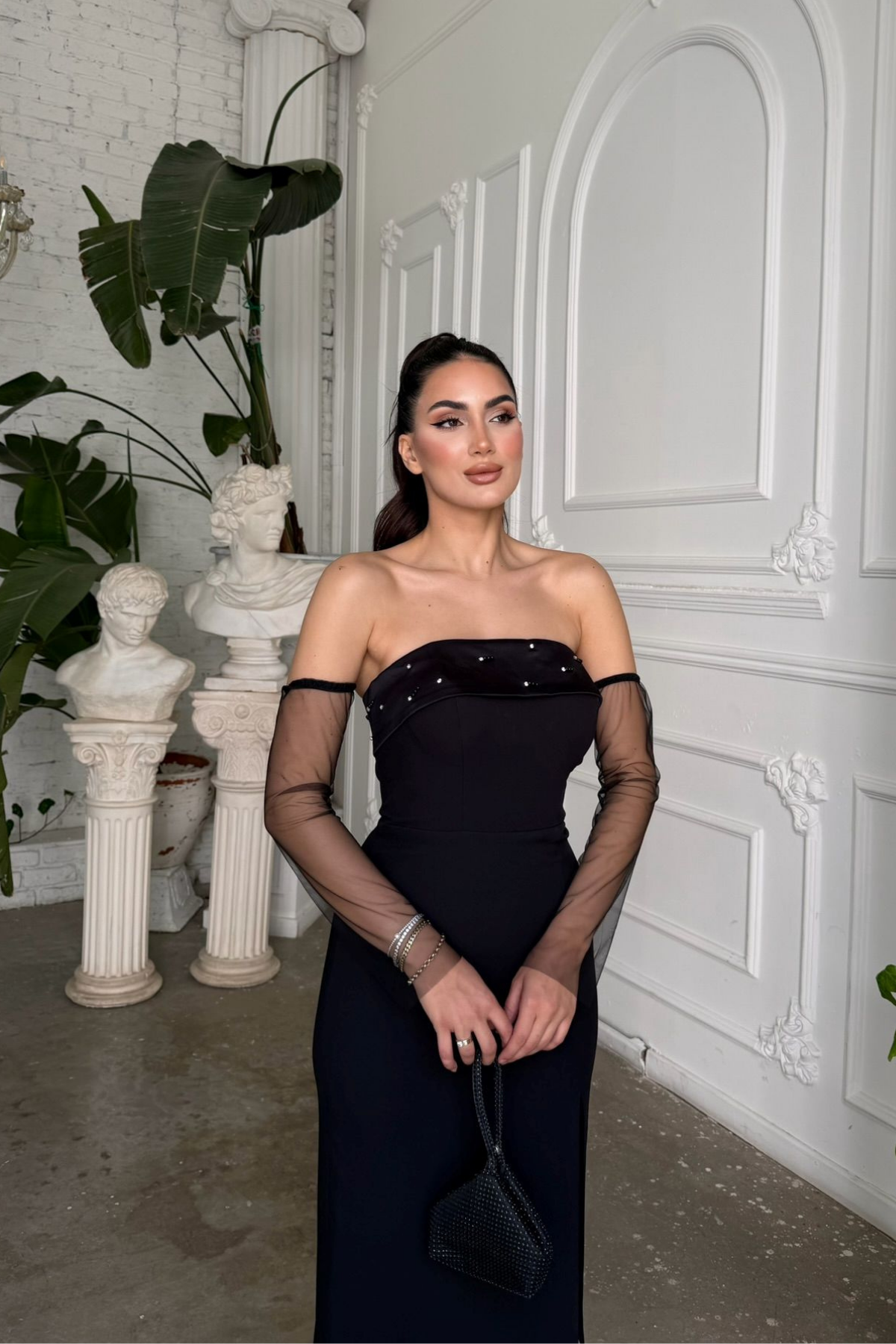 Esin Straplez Kolları Tül Midi Elbise 1079
