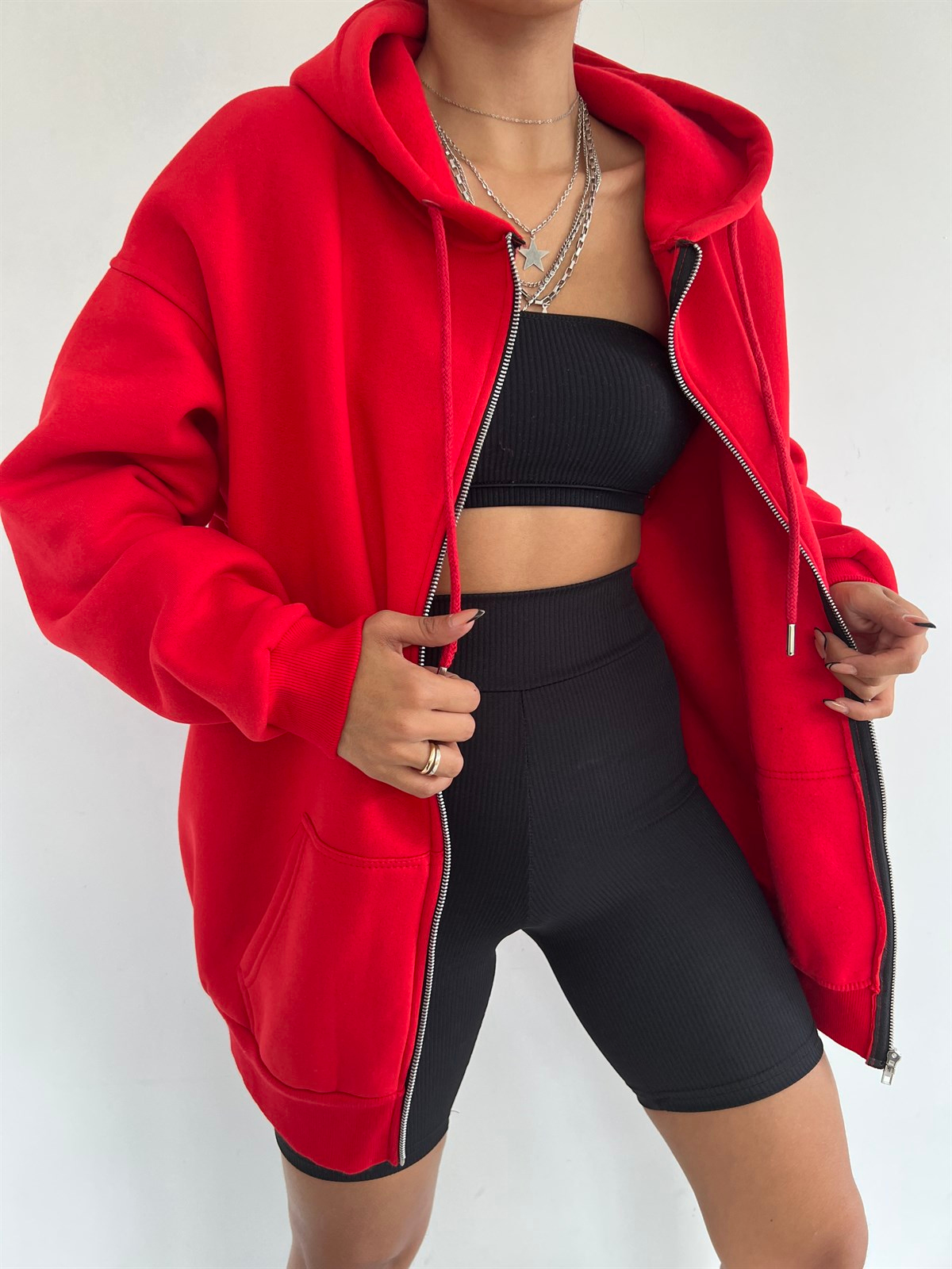 Fermuarlı Uzun Sweat 0514 KIRMIZI