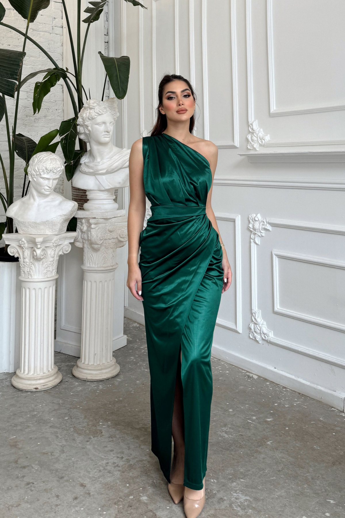 Fiona Tek Kol Drapeli Saten Abiye 582856 ZÜMRÜT