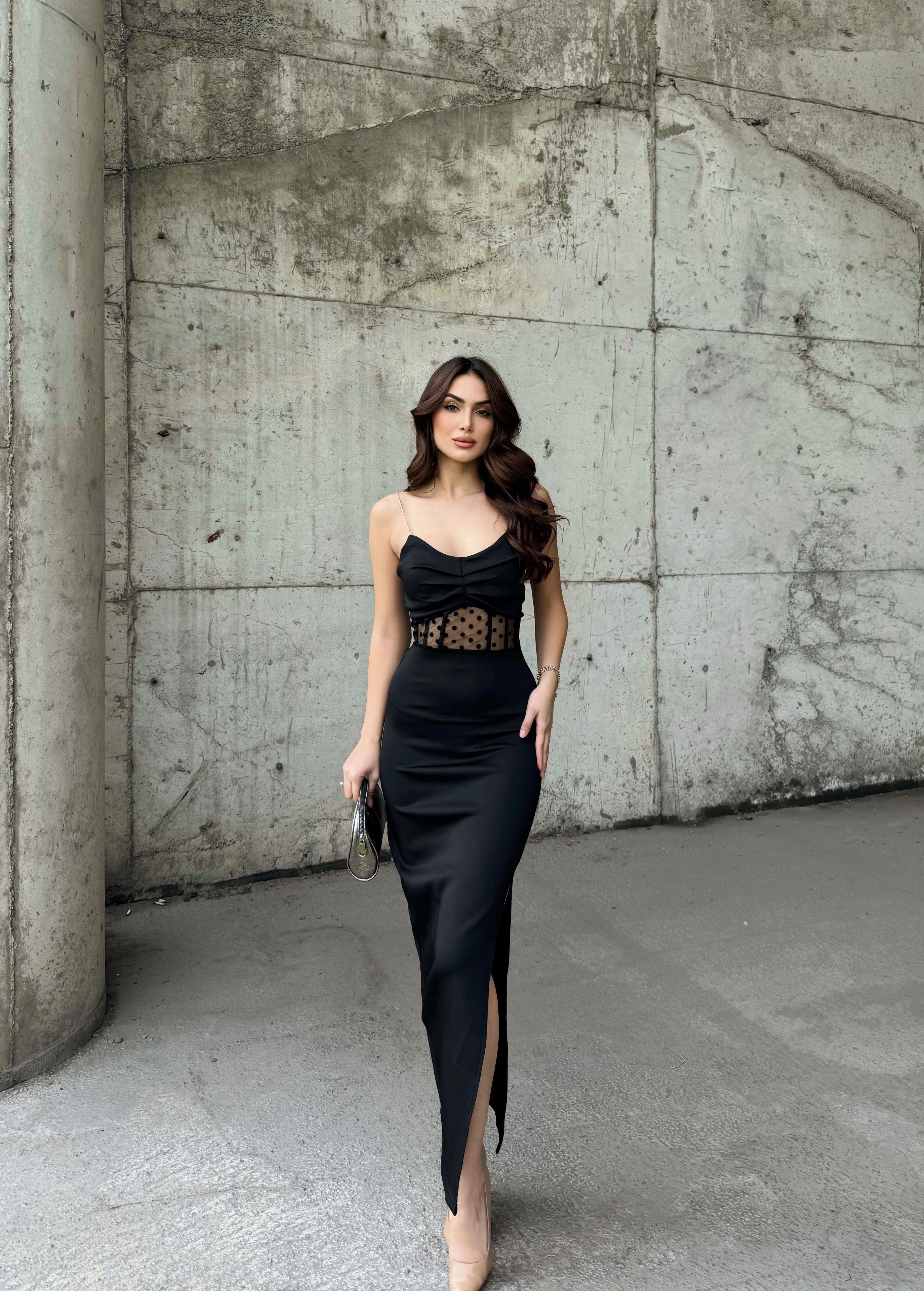 Harriet Taş Askı Bel Transparan Elbise 2485 SİYAH