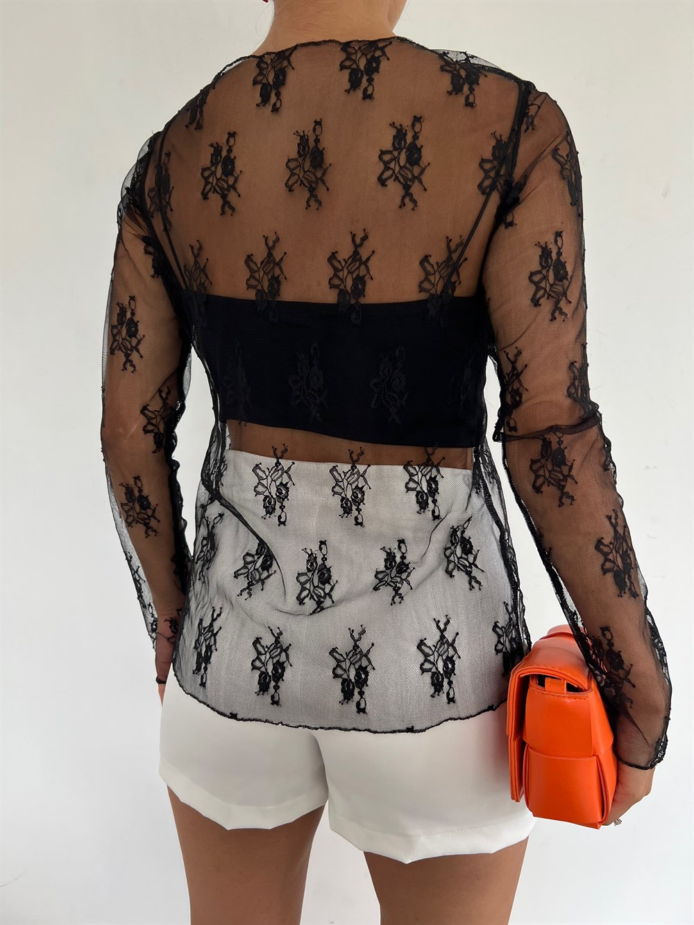 İçi Crop Tül Bluz 01056 SİYAH