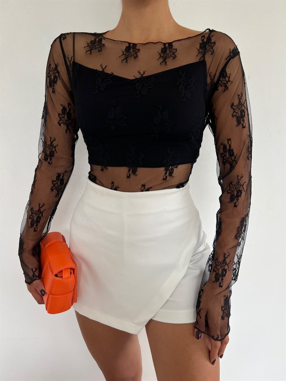İçi Crop Tül Bluz 01056 SİYAH