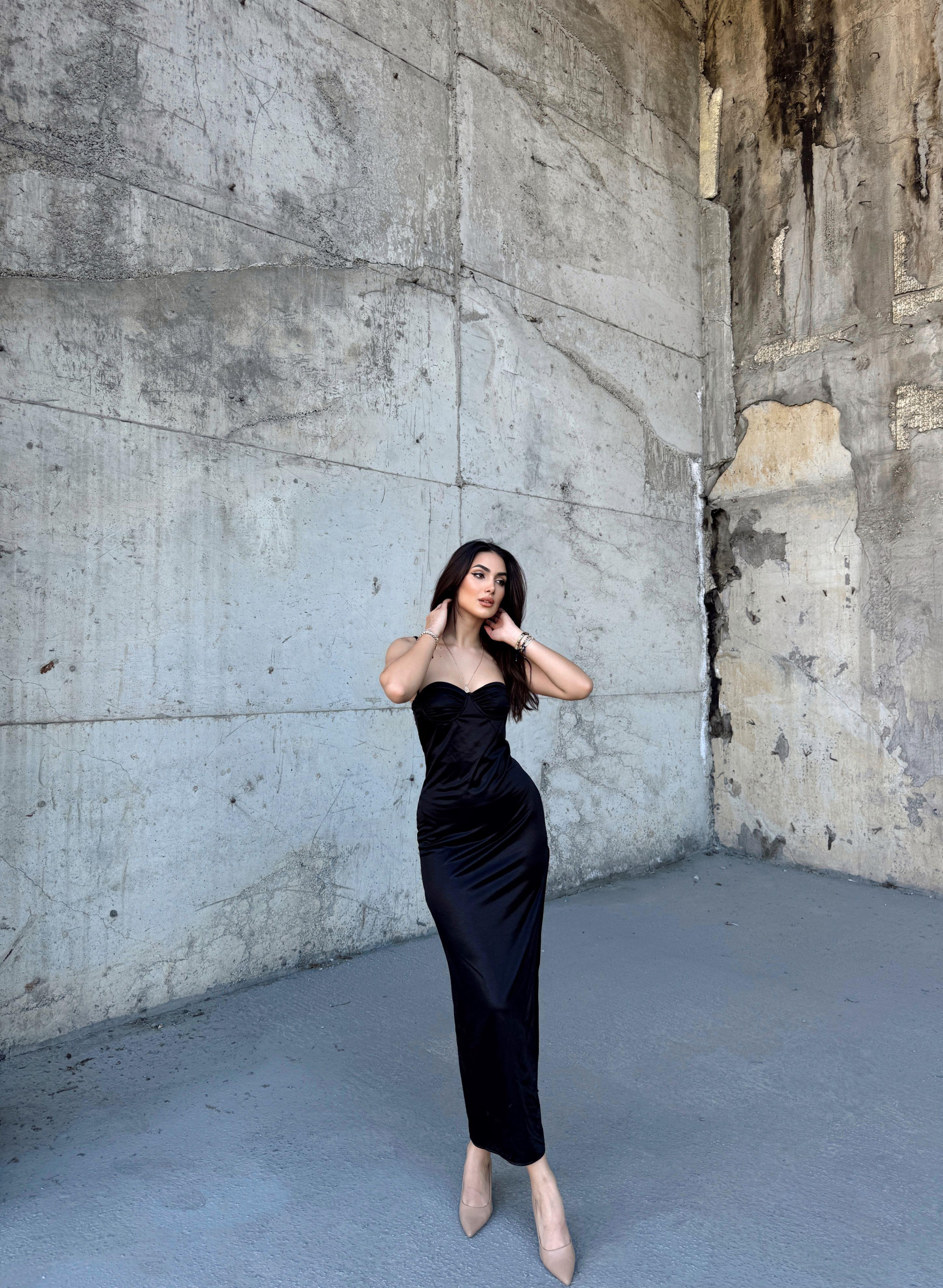 İris Gloplu Midi Elbise 24858 SİYAH