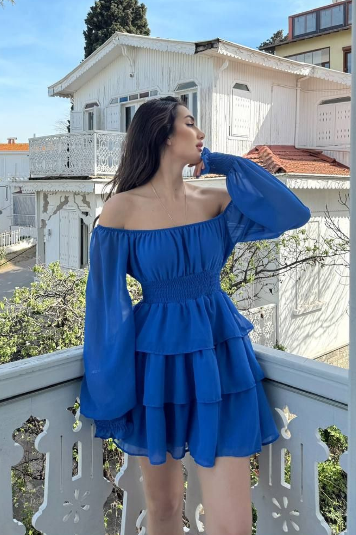 Kat Kat Volanlı Şifon Elbise 2831 SAKS MAVİSİ D1X