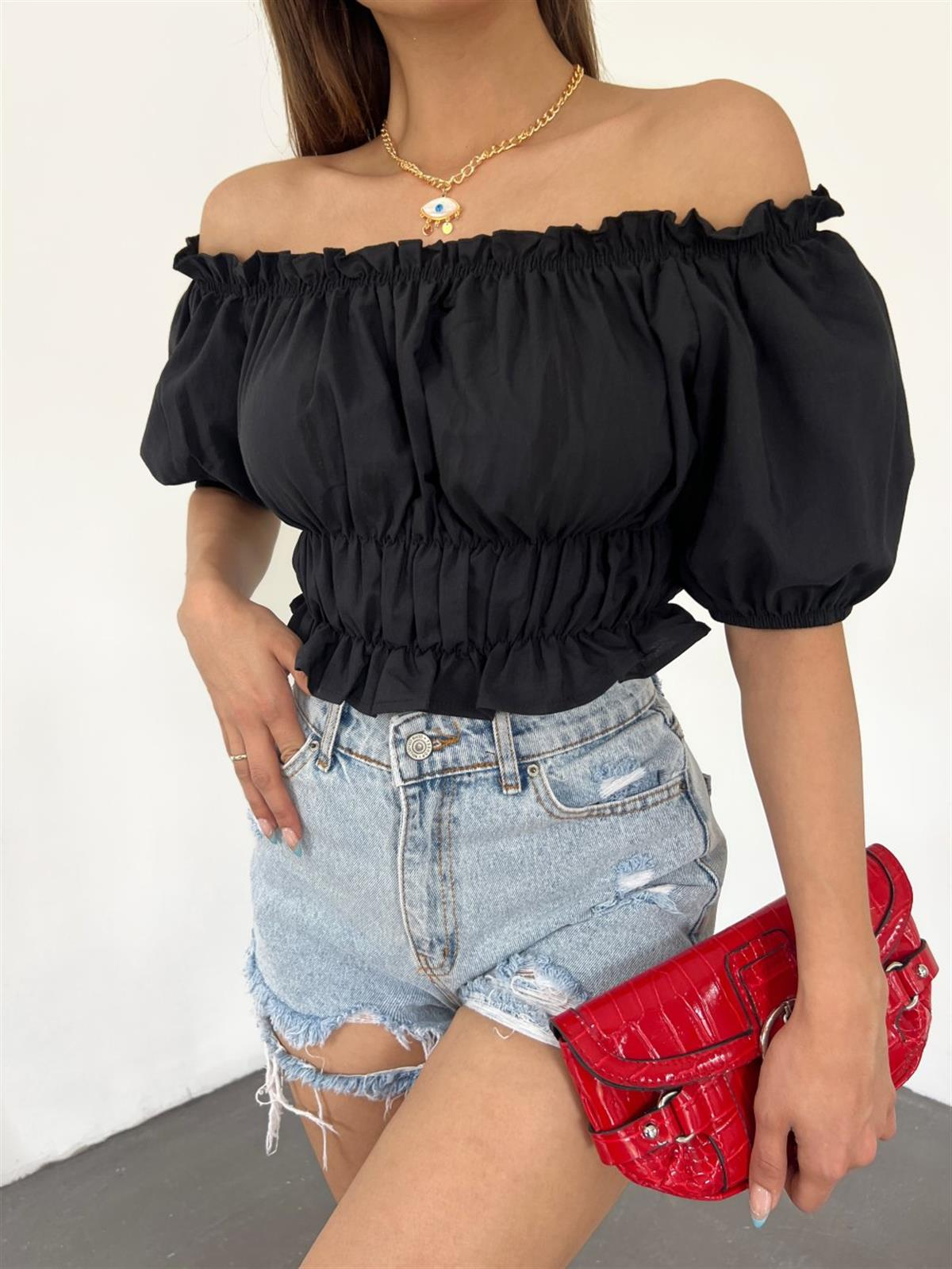 Kısa Kol Poplin Bluz 01183 SİYAH