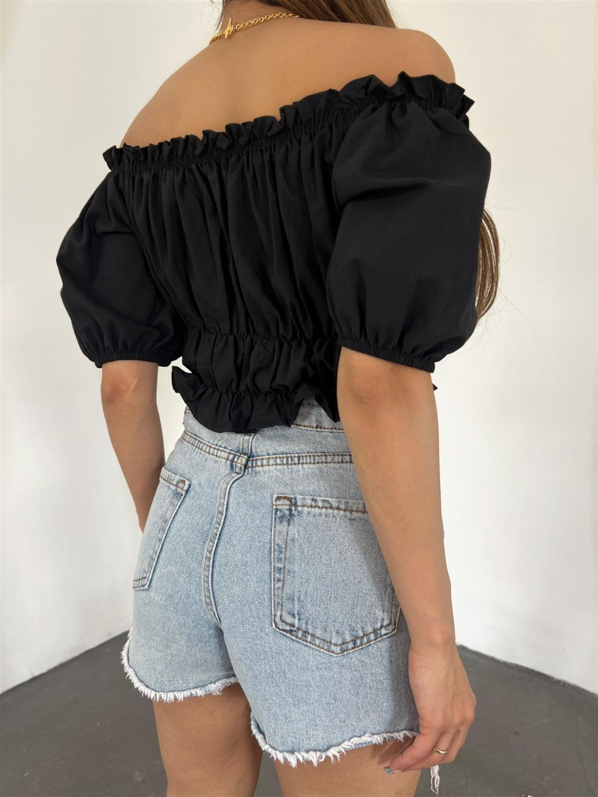 Kısa Kol Poplin Bluz 01183 SİYAH