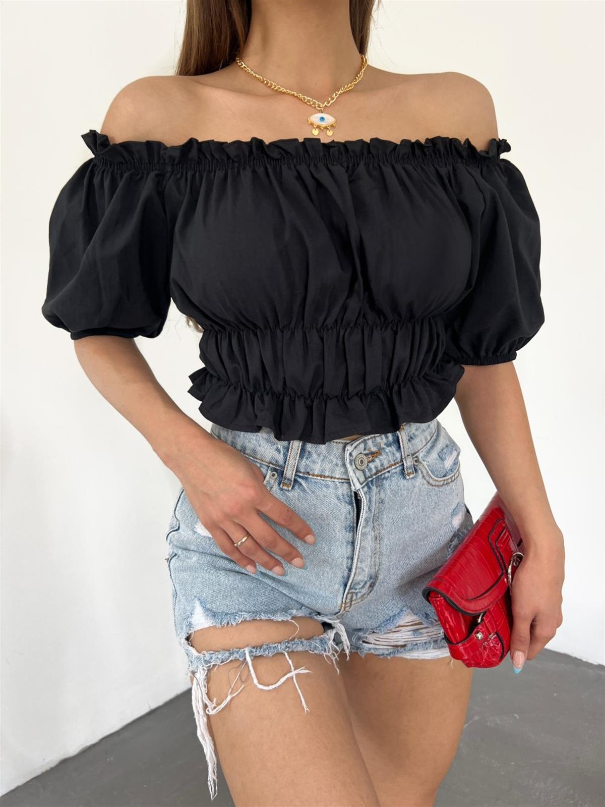 Kısa Kol Poplin Bluz 01183 SİYAH