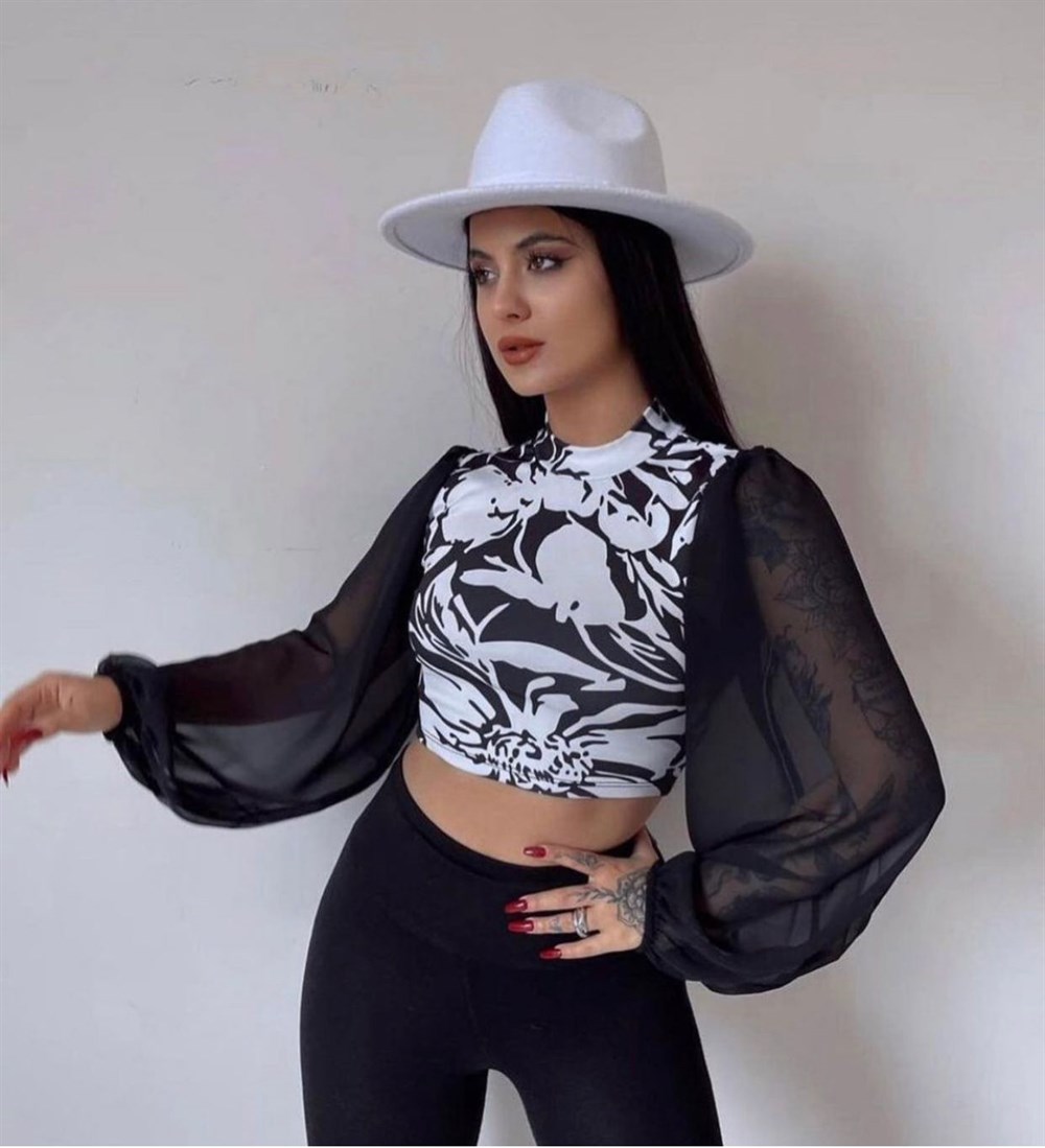 Kolları Tül Digital Baskı Dalgıç Crop - 9023 BEYAZ