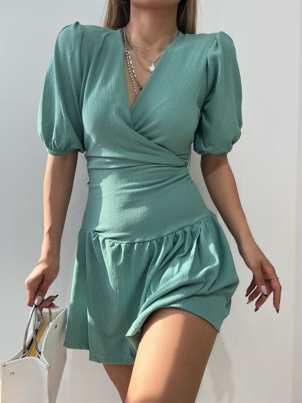 Kruvaze Gofre Elbise 2881 MİNT YEŞİLİ