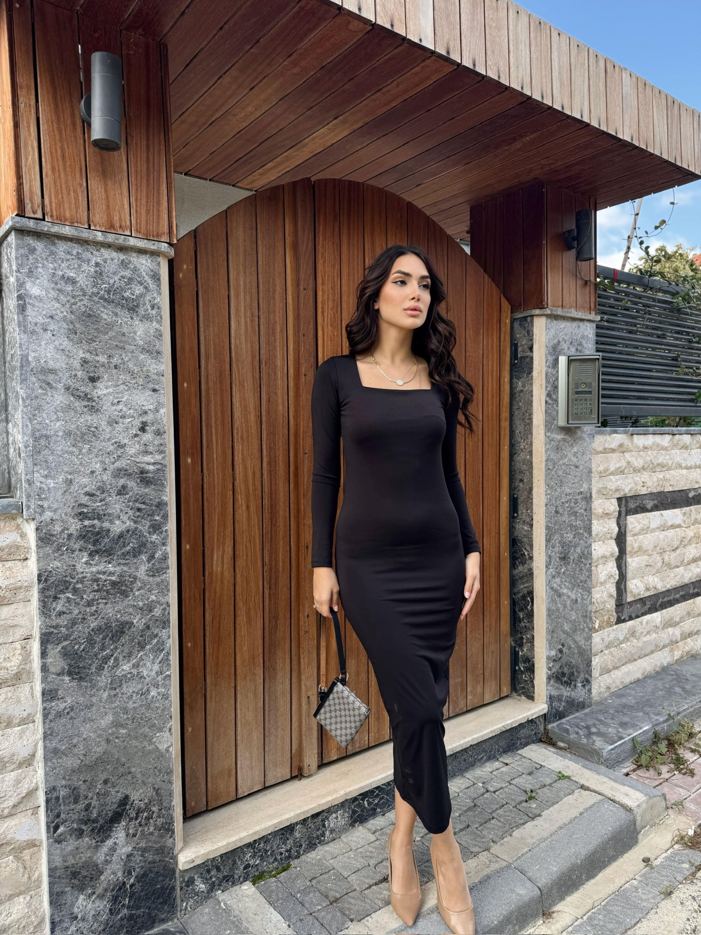 Kylea Kare Yaka Dalgıç Elbise 3059 SİYAH