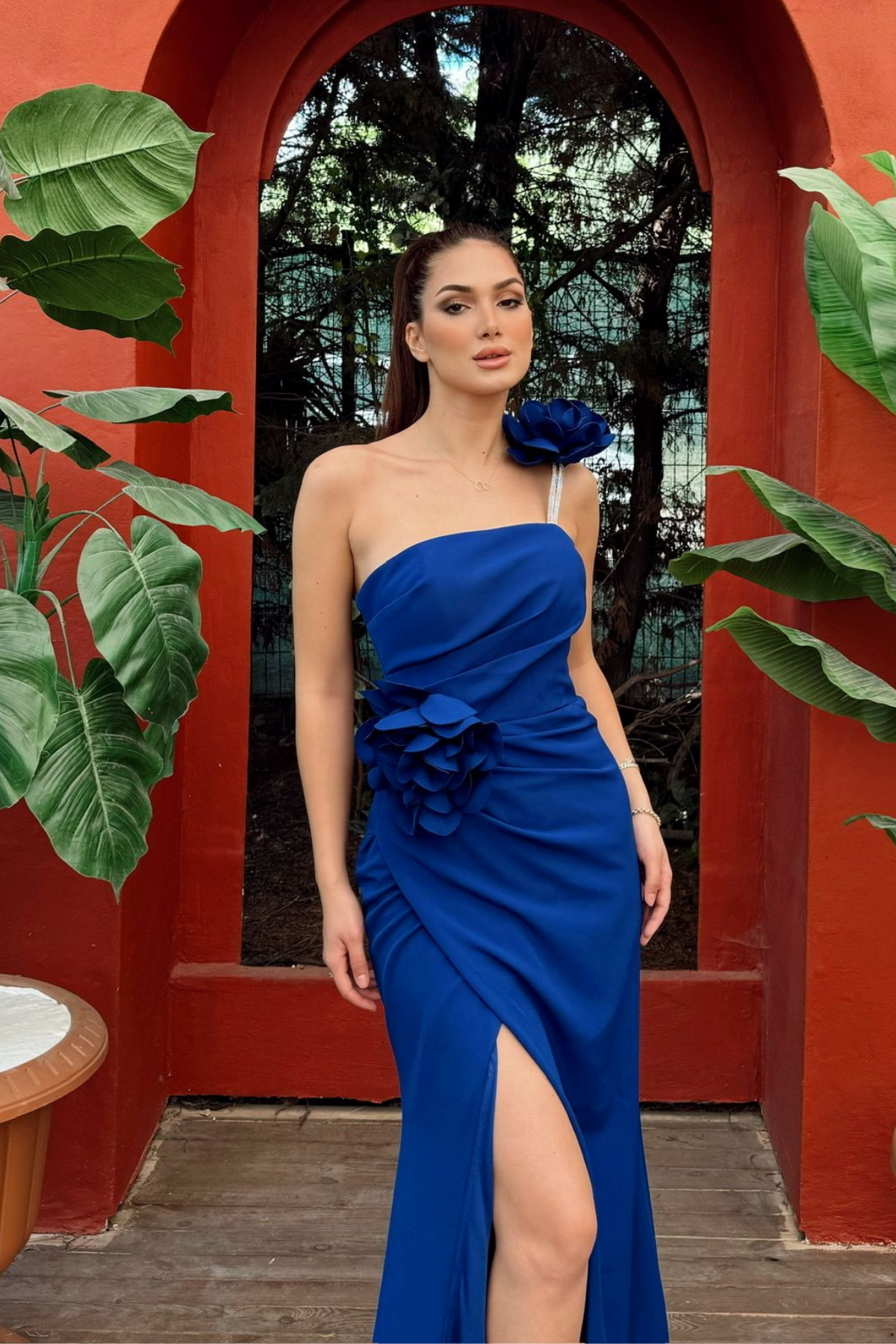 Larissa Çiçek Tasarım Yırtmaçlı Abiye 4703 SAKS MAVİSİ