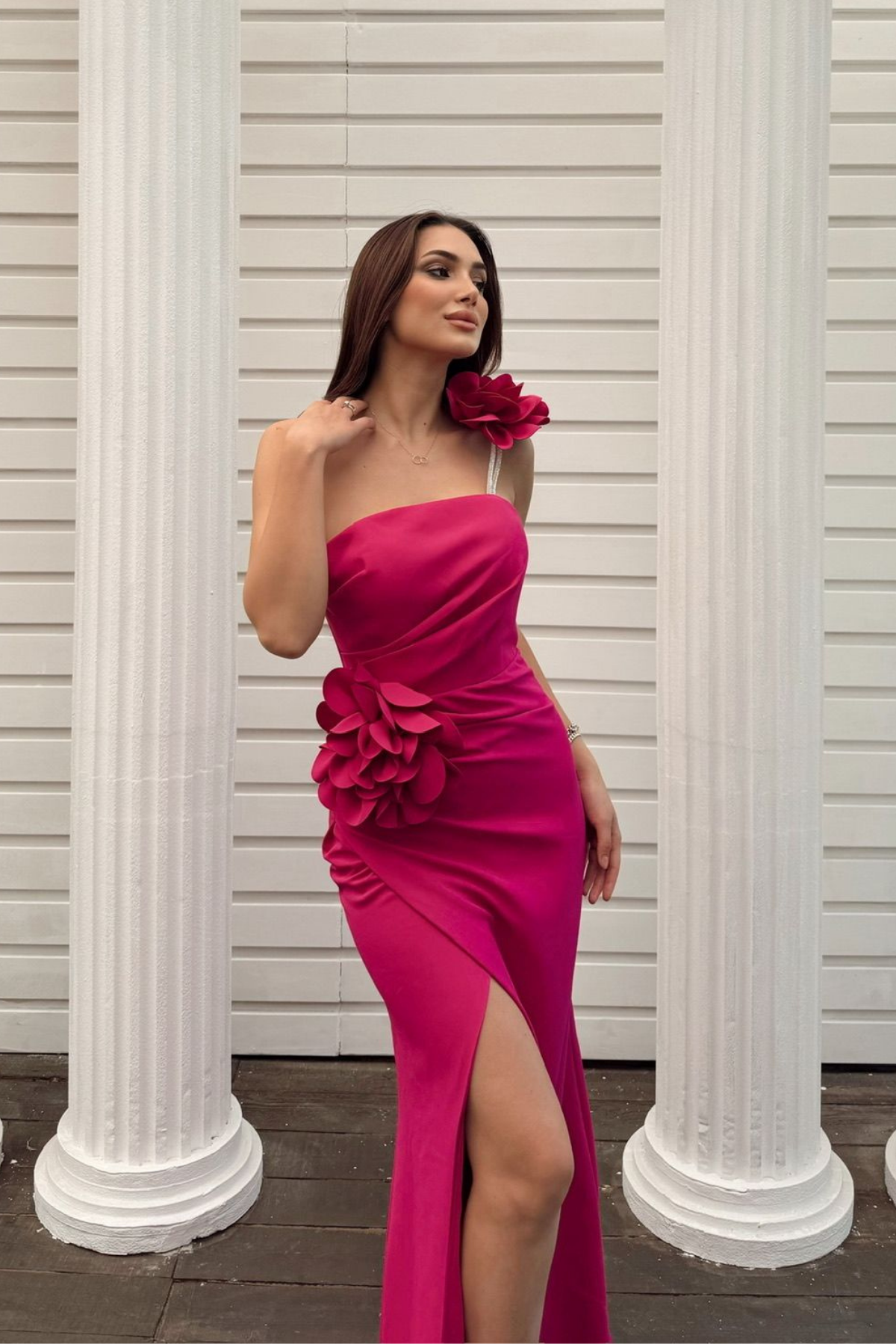 Larissa Çiçek Tasarım Yırtmaçlı Abiye 4703 FUŞYA
