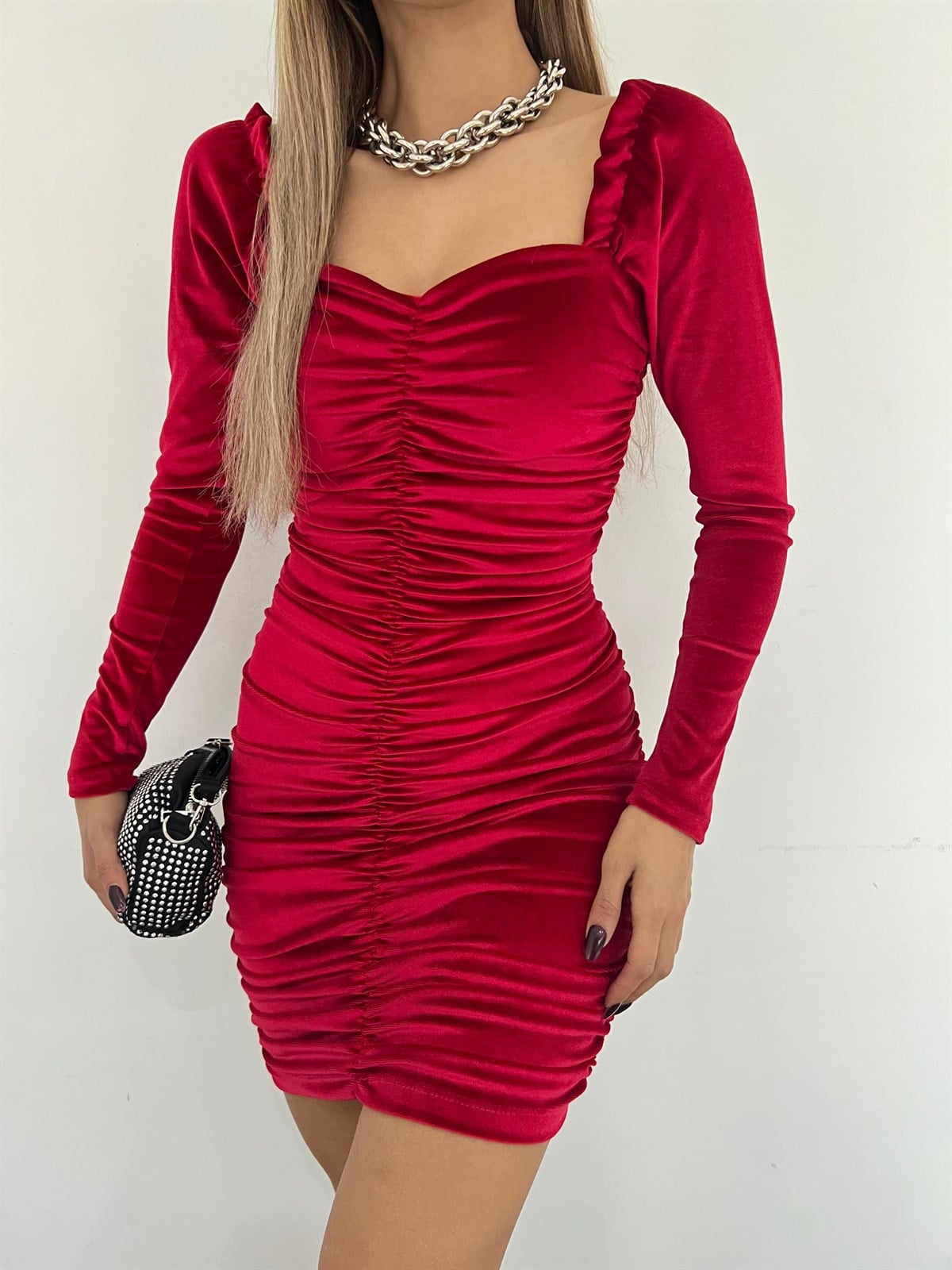 Leydi Drapeli Uzun Kol Kadife Elbise Bordo 3324