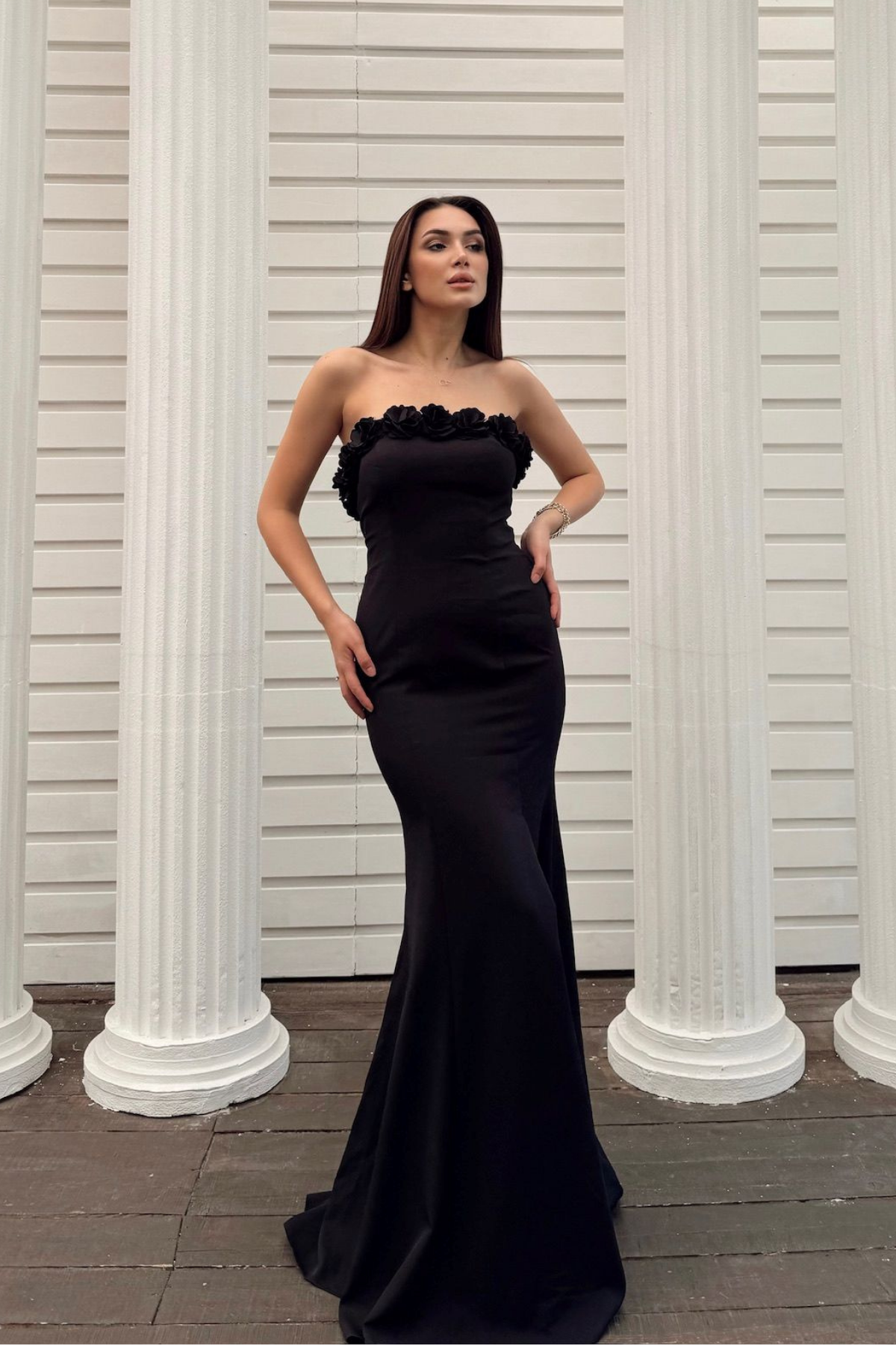 Leysa Straplez Yaka Çicek Detay Abiye 4695 LACİVERT