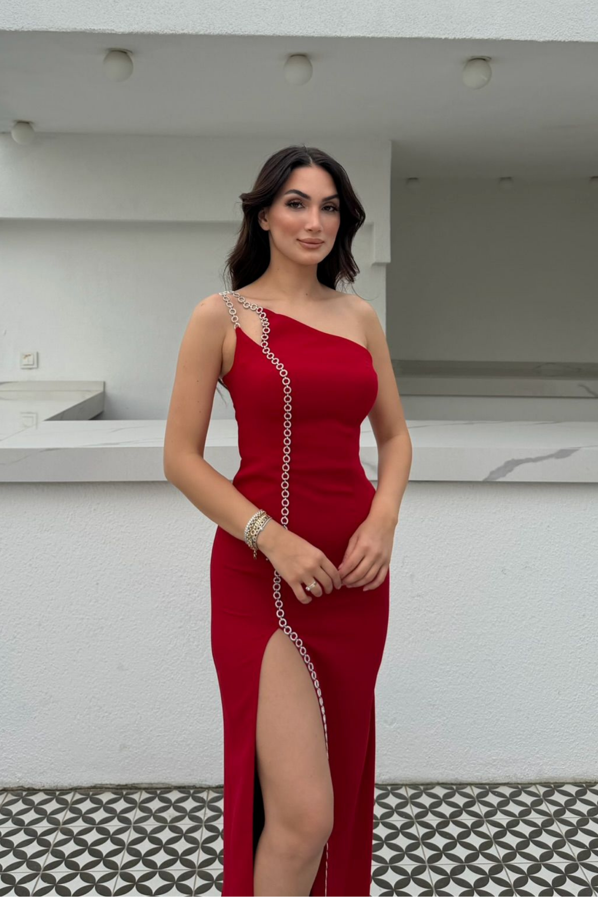 Lora Zincir Askı Detay Yırtmaçlı Abiye 1003