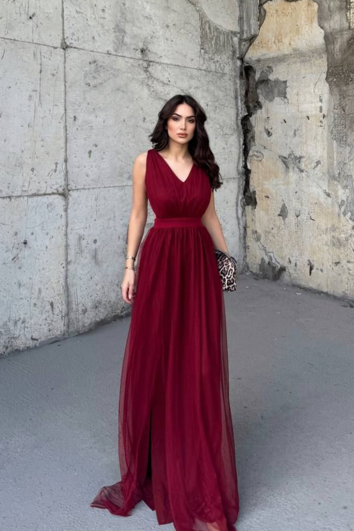 Mara Bel Dekolteli Tül Abiye BORDO  8459