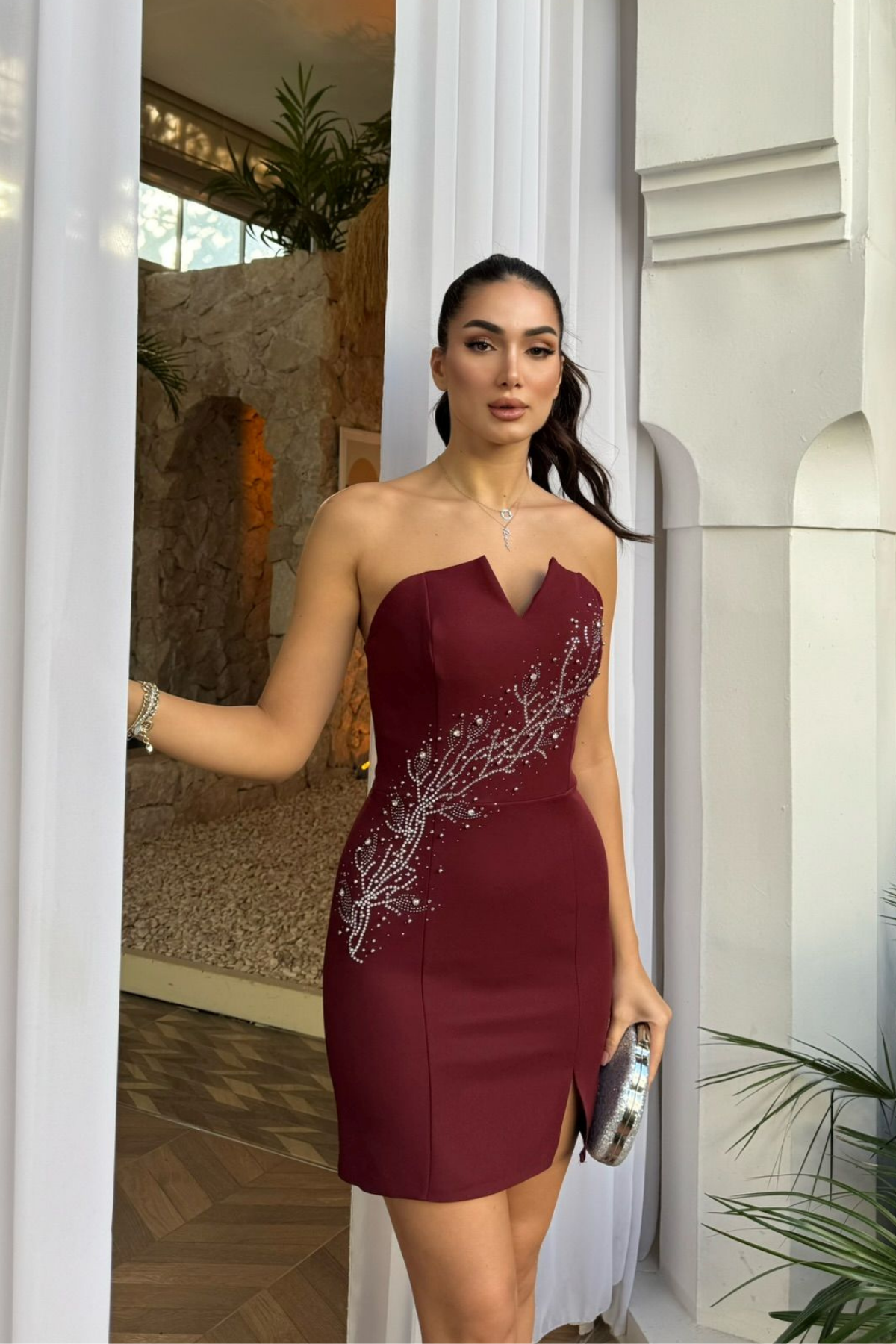 Narin Taş Detay İşlemeli Mini Elbise 9369 BORDO