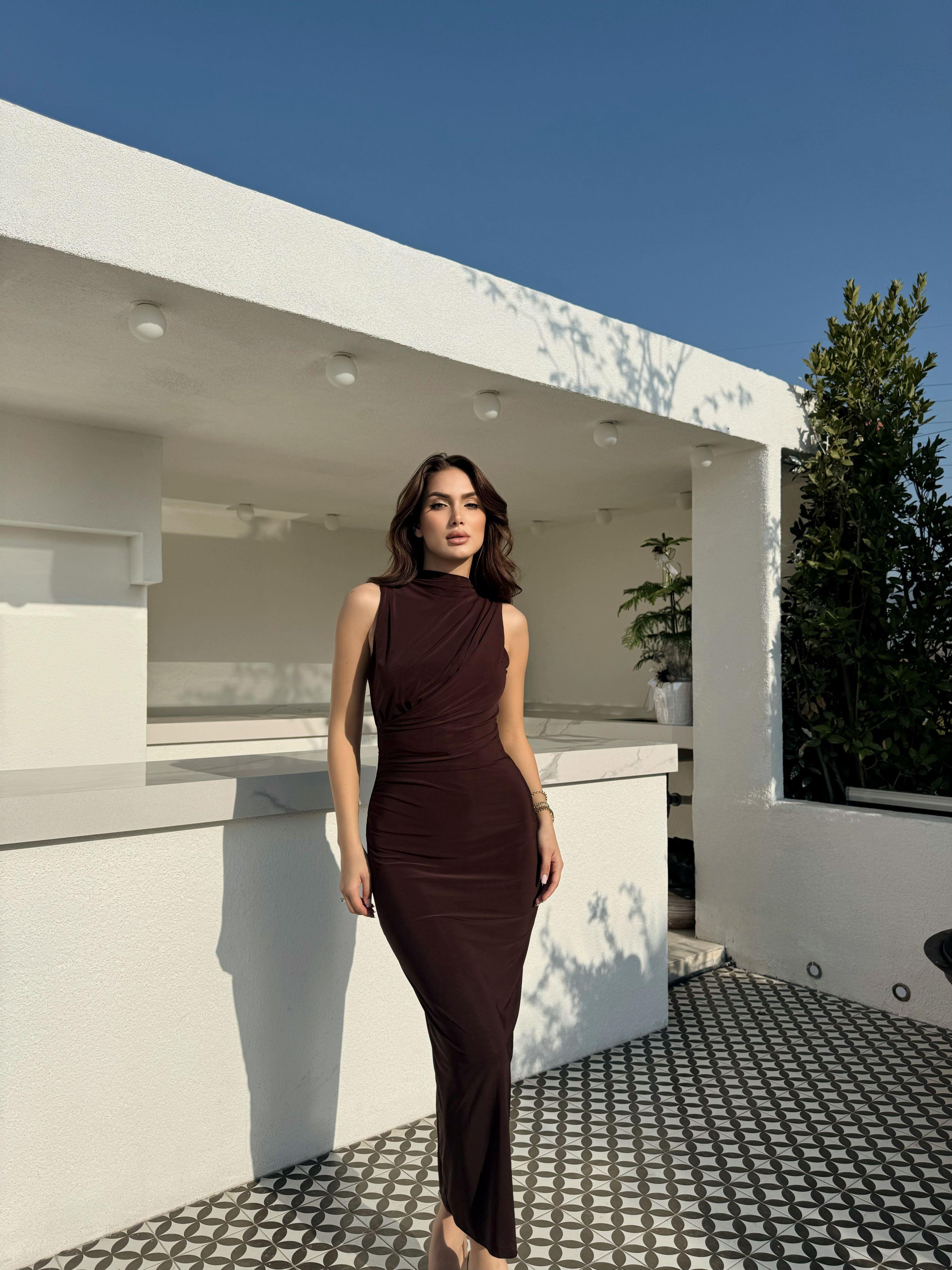 Nehir Yırtmaçlı Sandy Elbise 13287 ACI KAHVE