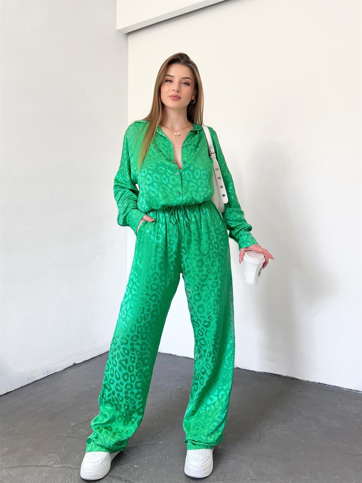 Oversize Leopar Desen Takım 3538 YEŞİL