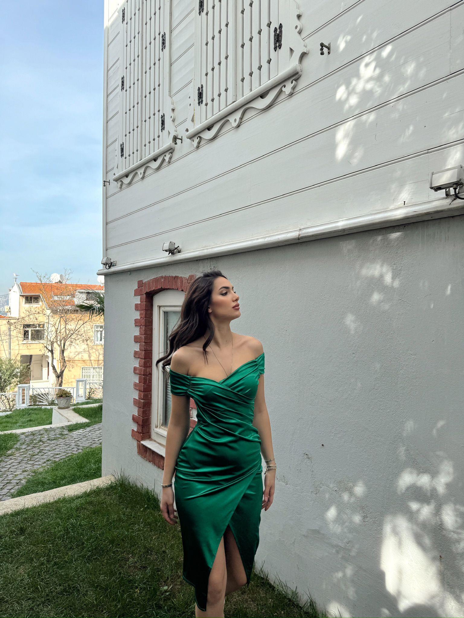 Ozark Madonna Yaka Anvelop Saten Elbise 582832 YEŞİL