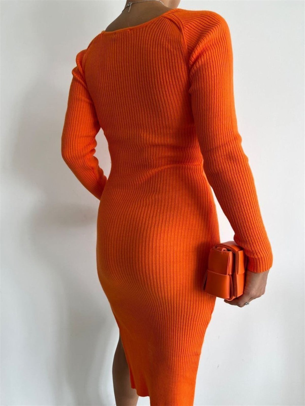 Pinky Yırtmaçlı Triko Elbise 065 ORANJ