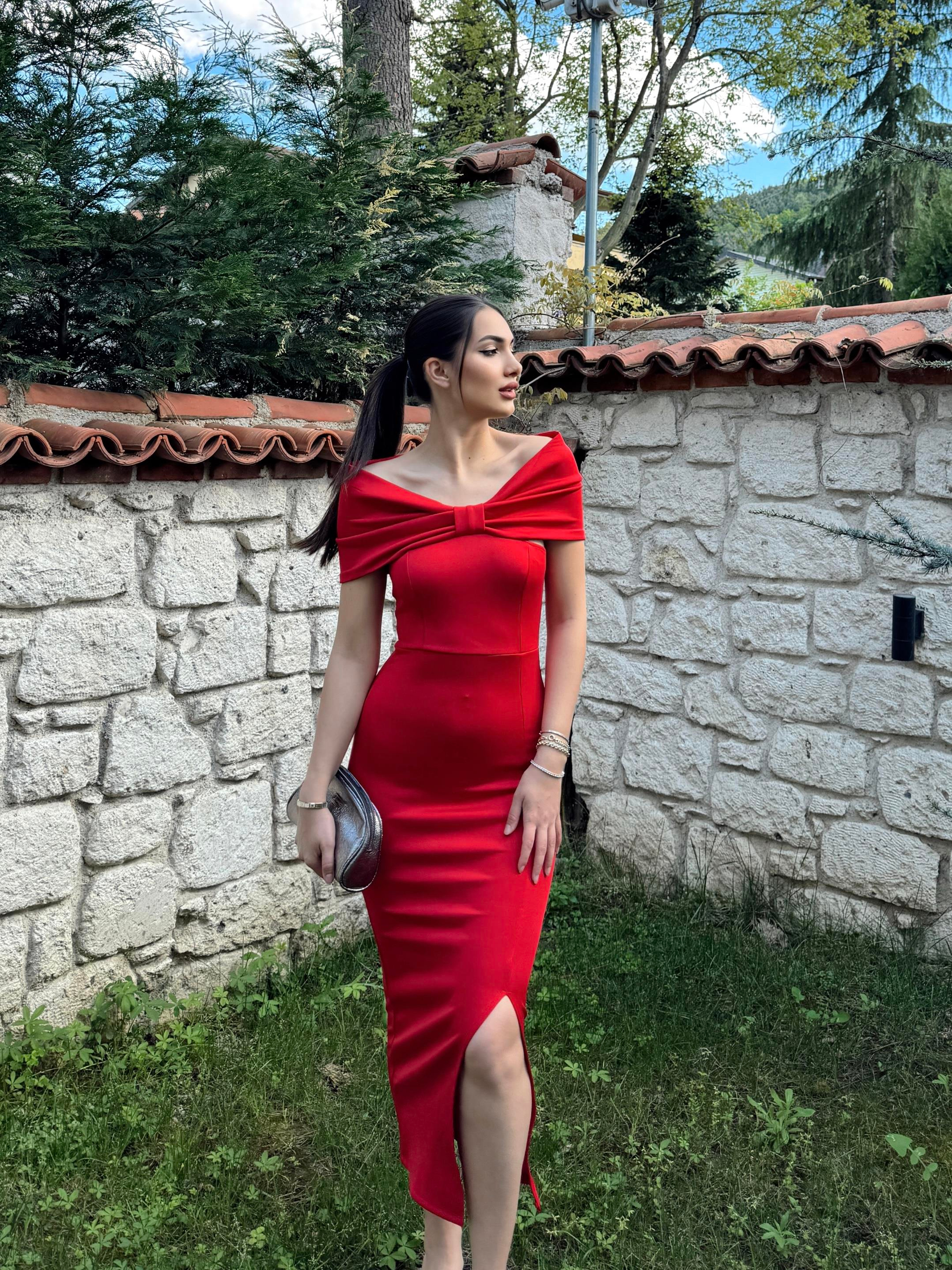 Pree Yaka Tasarım Midi Boy Yırtmaçlı Elbise  582033 KIRMIZI ZX