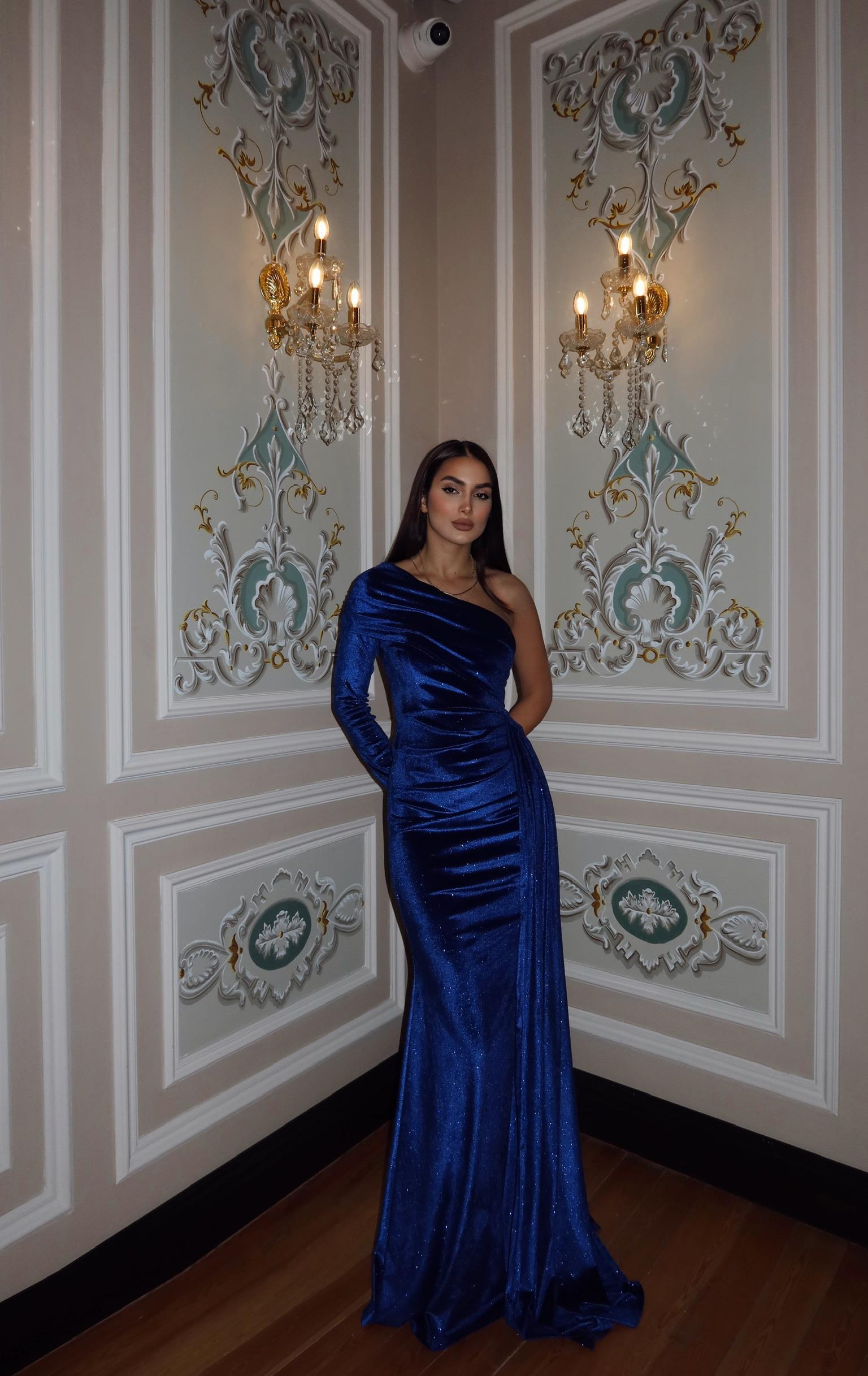 Rosabella Tek Kol Kadife Abiye 582269 SAKS MAVİSİ