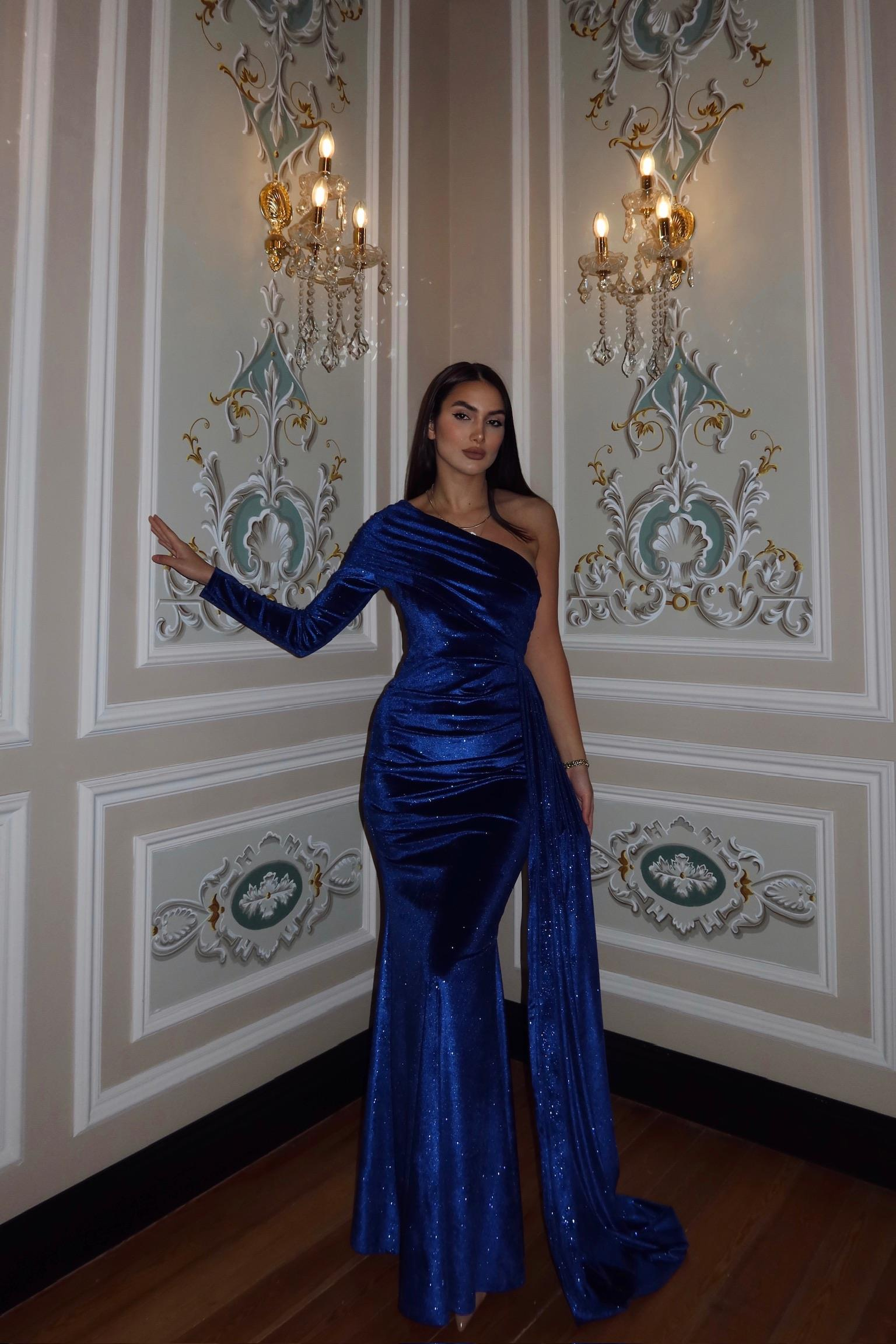 Rosabella Tek Kol Kadife Abiye 582269 SAKS MAVİSİ
