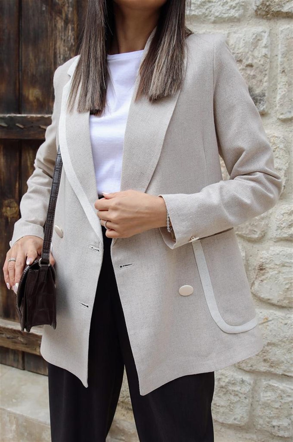 Şerit Detay Keten Blazer Ceket 